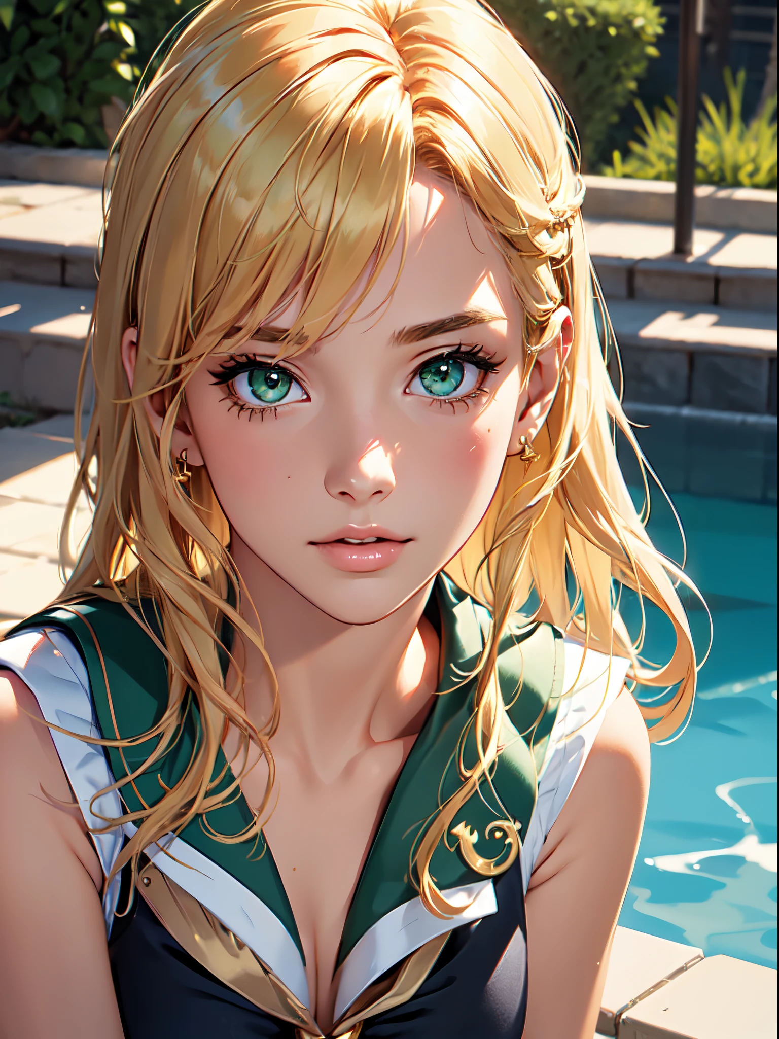 masutepiece, Best Quality, High quality, High Definition, high quality texture, high quality shadow, high detailing, Beautiful detailed, Finely detailed, extremely details CG, Detailed texture, realistic representation of face, Realistic, Colorful, Delicate, Cinematic Light, side lights, Lens Flare, Ray tracing, Sharp Focus, (Intricate details, makeup, pureerosface_v1:0.5), (Detailed beautiful delicate face, Detailed beautiful delicate eyes, A perfectly proportioned face, High detailed skin, Detailed skin, best ratio four finger and one thumb, upperbody shot,  (Large breasts), (cleavage),  ((Smooth texture, Realistic texture, Photorealistic)),  (Detailed beautiful eyes, Beautiful eyelashes, Green eyes), (((green eyes))), (golden semi-long hair), (golden hair), 1 woman,  at poolside,  (((sailor shirt, Sleeveless, Open front))),   (Beautiful face, Cute face, Detailed face),   Sunny, Perfect Eyes Eyes
