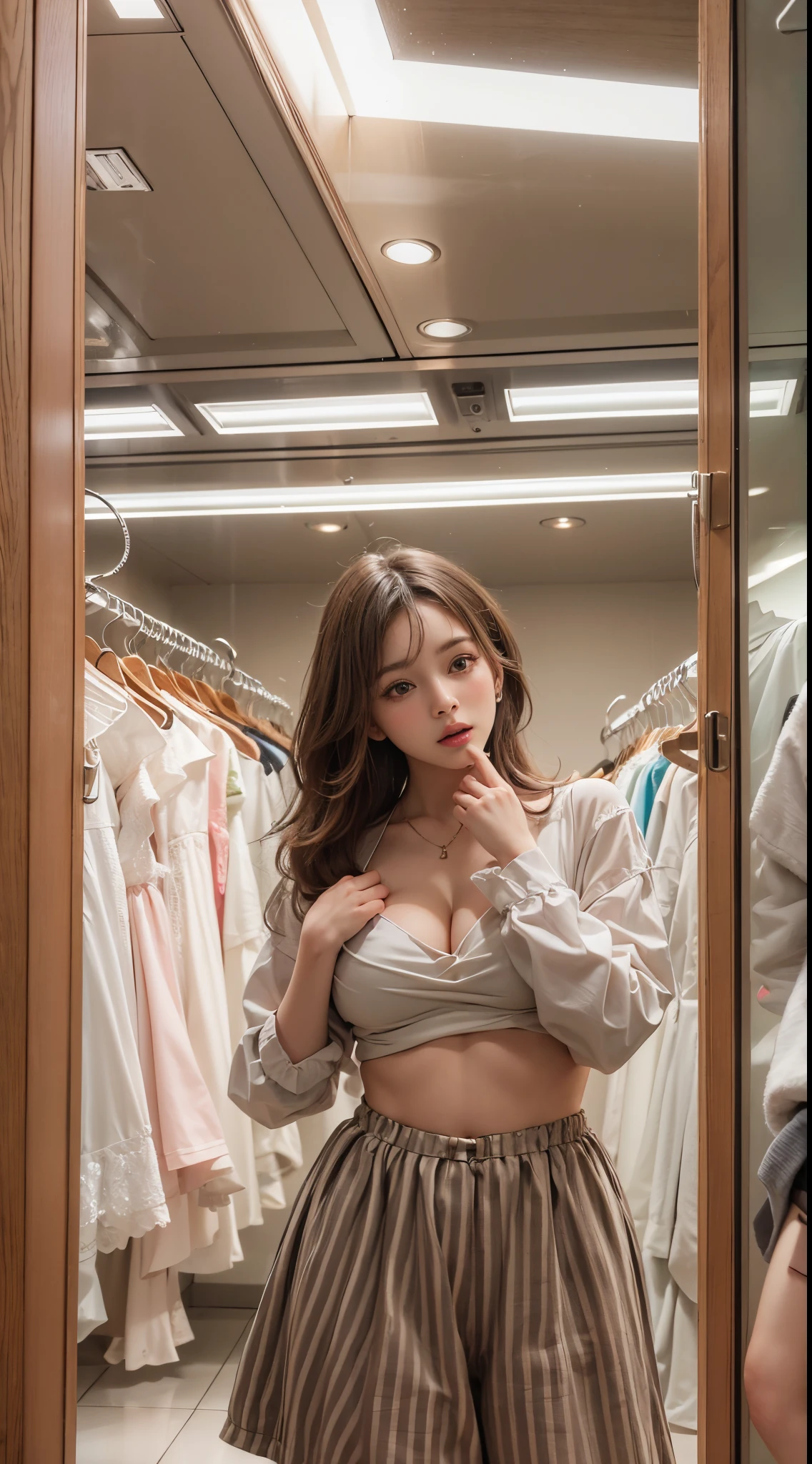 nsfw, 8k, best quality, highres, realistic, real person, A girl in a clothing store fitting room, looking surprised as the door is suddenly opened. The girl's expression is one of shock and embarrassment. She is partially dressed, with some clothes in her hands or around her. The fitting room is small and cozy, with a mirror and clothing items around. The scene captures a moment of unexpected intrusion, emphasizing the girl's startled reaction. Big breasts, cleavage, beautiful legs, long legs, gorgeous magic wand
