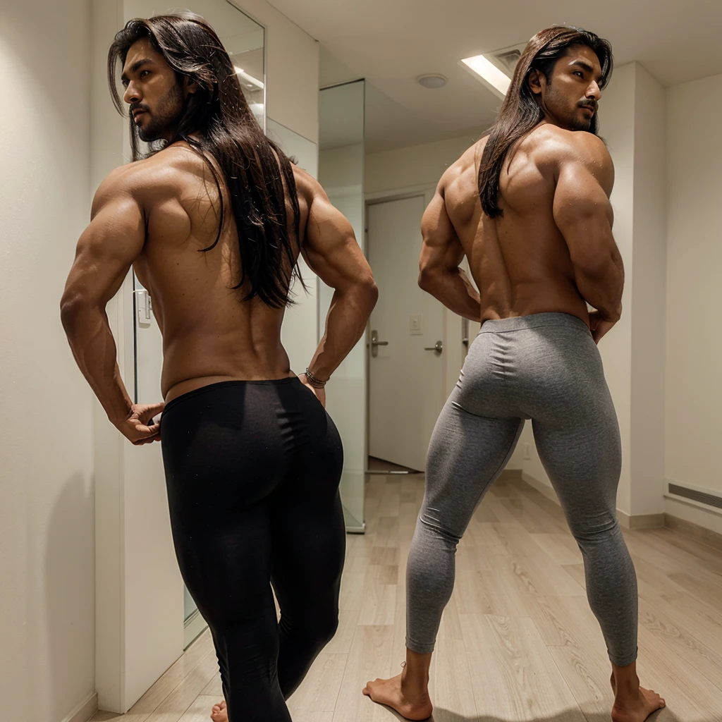 South asian man, wearing tights, posing back, glexing muscles, bis ass, medium long hair