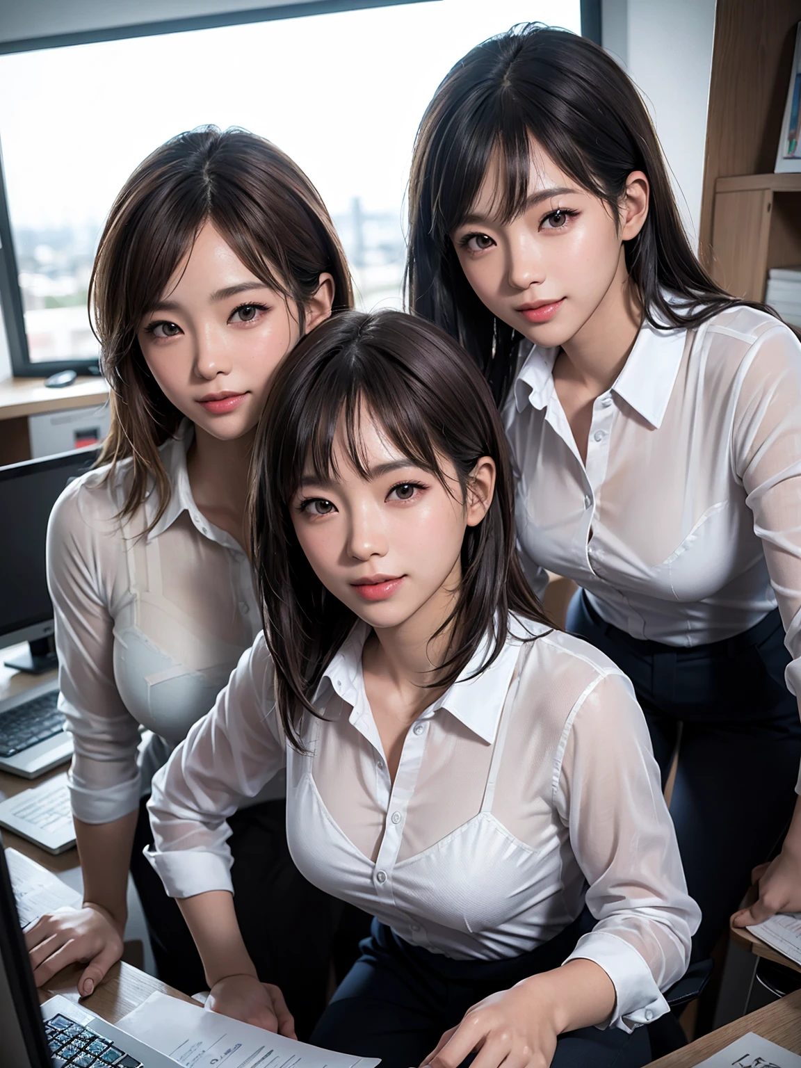 (Masterpiece), (8K, Photorealistic, RAW Photography, Best Quality: 1.4), Japan, Beautiful Face, (Realistic Face), (Medium Hair:1.3), Realistic Eyes, Beautiful Eyes, Attractive, Ultra High Definition, Ultra Realistic, High Definition, Beautiful Japan woman, grey suit, open jacket, ((jacket)), office lady, suit, ((pants)), (modern office indoors), desk, detailed face, long hair, group picture, multiple girls, 4girls, looking at viewer, ((smile)), (from above), ((white shirt)), (open shirt), ((see-through:1.4))