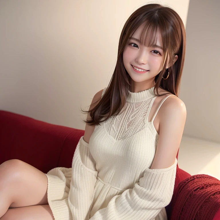Red knitted dress, sofa, livingroom, Smile, Brown hair, shoulder-length hair, White wall background, Very white skin