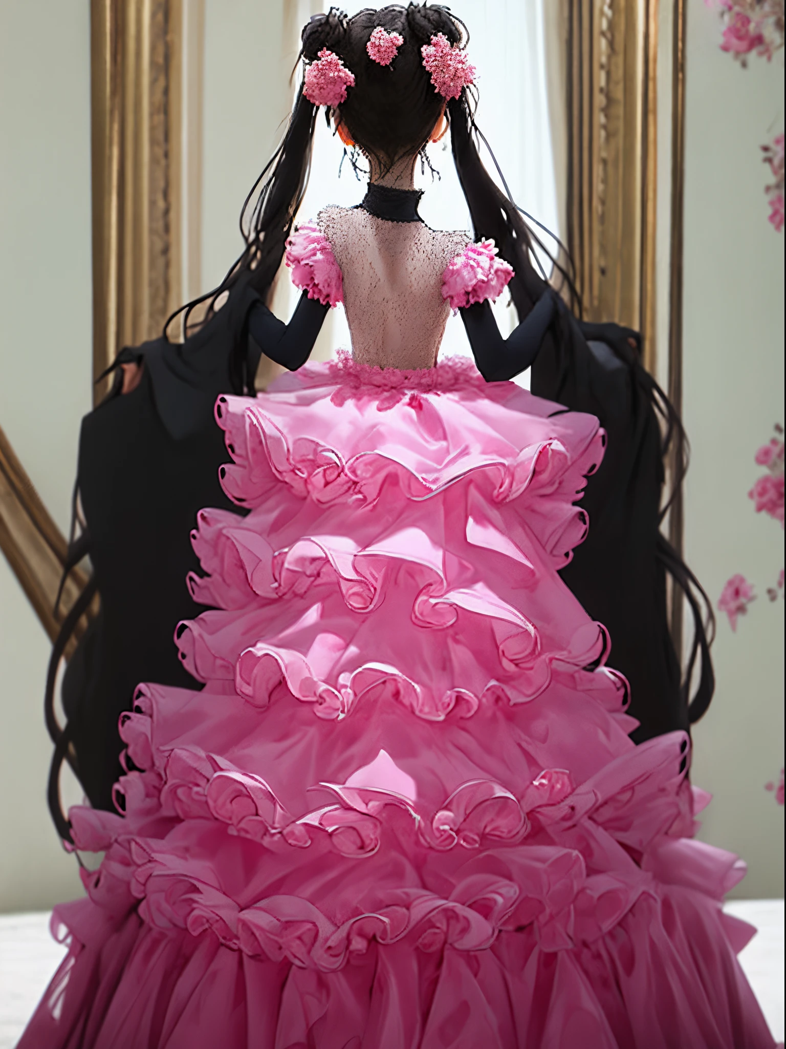 ((Masterpiece, best quality,edgQuality))
tanned brunette,edgPR_woman,edgPce,edgPR_body, a woman in a black top and pink pants
 ((superb turtleneck_dress,frilly skirt)),((back view)) edgTemptation,edgYSL, a woman wearing a sheer dress, flowers on dress,floral gown ,wearing edgYSL,posing for a picture,standing