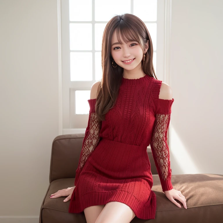 Red knitted dress, sofa, livingroom, Smile, Brown hair, shoulder-length hair, White wall background, Very white skin