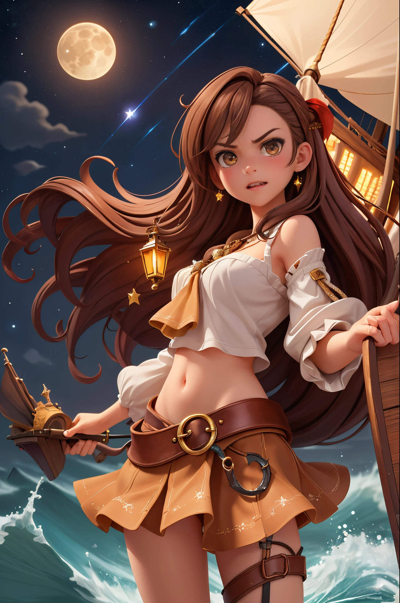 best quality, masterpiece, ultra-detailed, professional lighting, detailed background, 1girl, look at viewer, brown hair, brown eyes, hair ornaments, pirate clothes, angry, long hair, wind, glare, stars, moon, ship deck, sea, night, dark