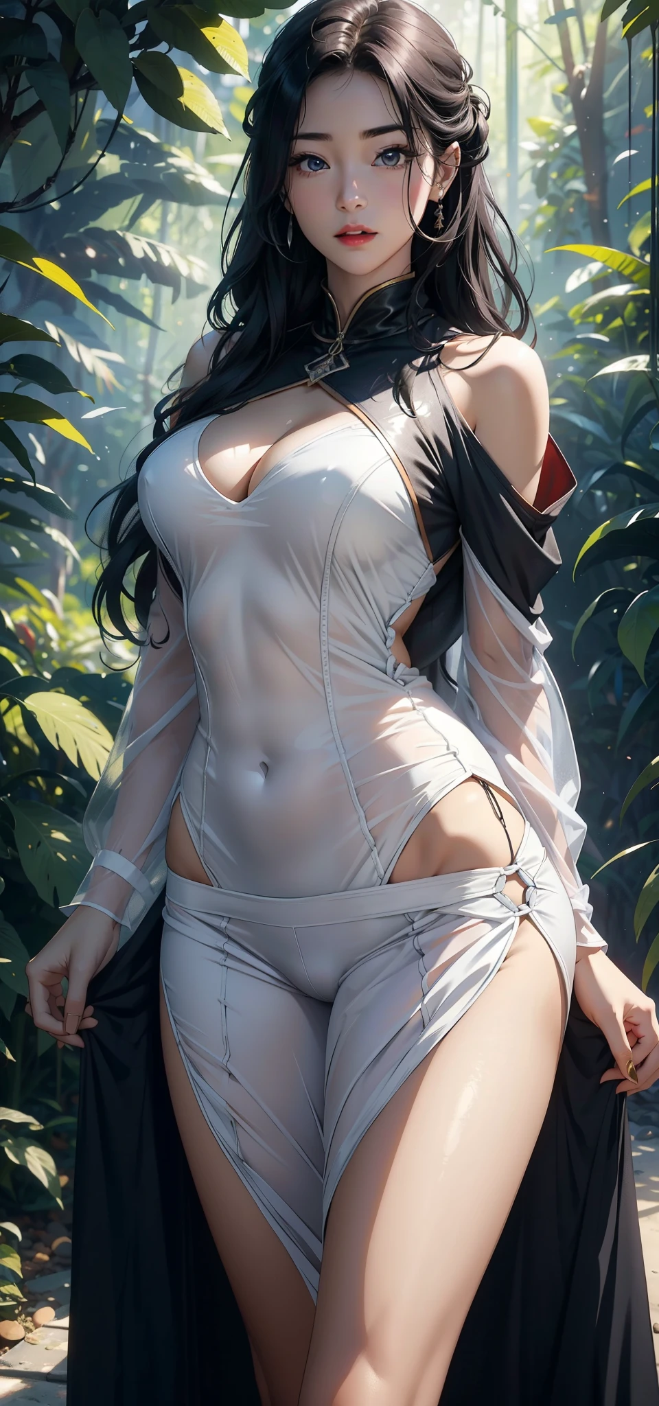 1female，45 yers old，Married woman，legs long, Slim waist， photo exposure， 独奏，（Background with：at a forest，the rainforest，in summer） She has long black hair，Redlip，Stood up，seen from the front， curlies， The sky is mostly cloudy，（（（tmasterpiece），（Very detailed CG unified 8k wallpaper），Best quality at best，电影灯光，detailed back ground，Beautiful right eye pupil，（very delicate beautiful），（Beautiful and detailed eye descriptions），ultra - detailed，tmasterpiece，）），facing at the camera，A high resolution，ultra - detailed），Revealed，equipment， convex，Camel toes，Raised sexy，Supergirl（dressed in：，White transparent shirt，）over-Tortoise Man