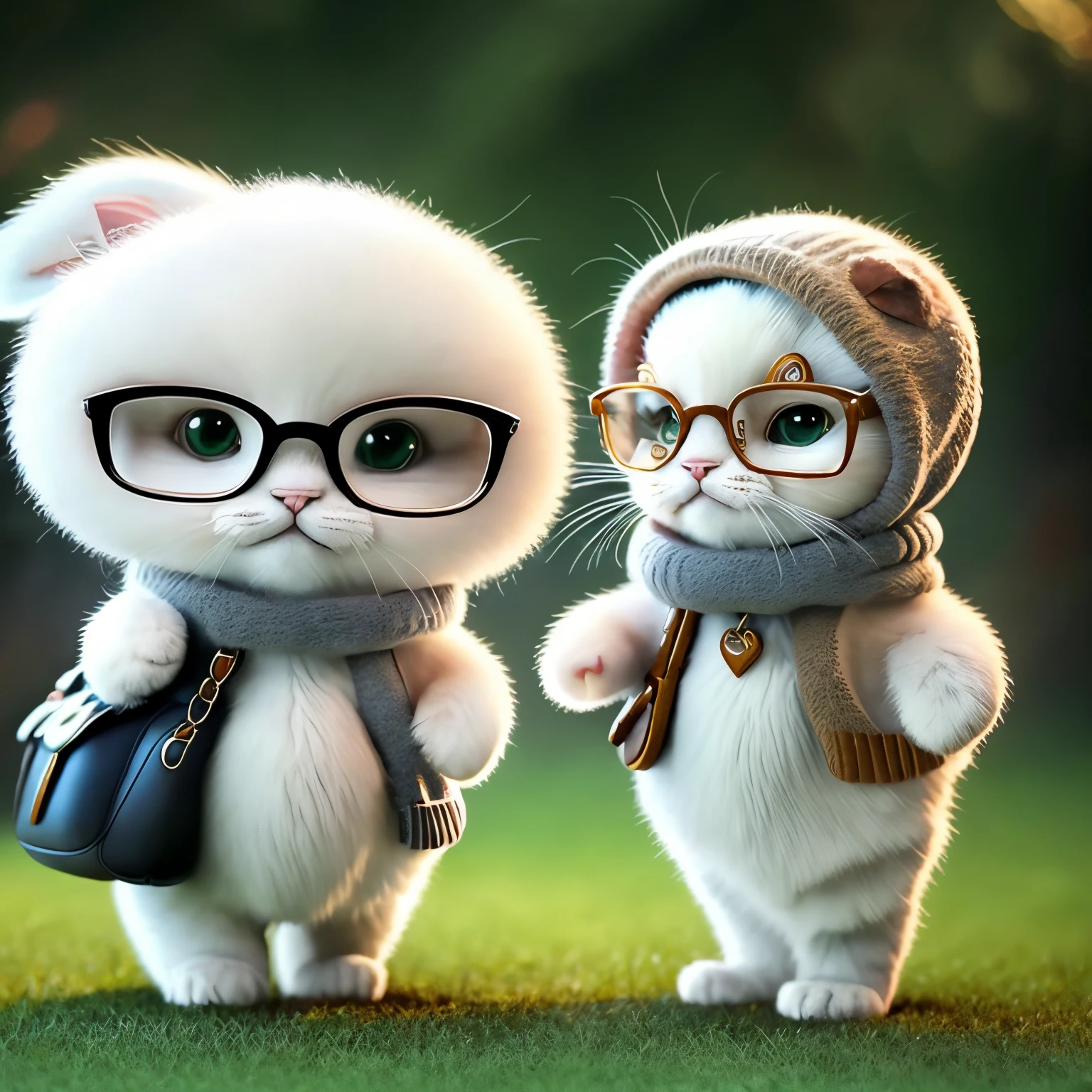 There is a cat standing on the grass holding,Wear glasses， lovely digital painting, the cat is walking, elegant cat, catss. digitial painting, adorable digital art, very beautiful cute catgirl, Cute cat, Cute and detailed digital art, The white ( catss ) girl, Check her Huawei, Cute cat photos, cat photo, wearing fashionable clothes，Cute cat standing