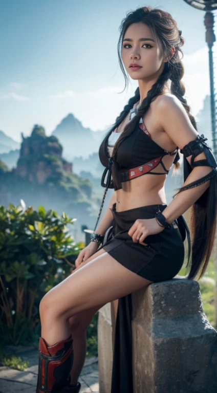 Cirilla Fiona Ellen Rhiannon,Horizon Zero Dawn,Highest image quality,Excellent details,超高分辨率,(:1.4), She has a delicate and beautiful face,Raised sexy,Single braid for long white hair, tribal realm,mechanically aesthetic,Virtual Engine 5,Perfect detail rendering,Rendered by Octane,hyper HD,fully body photo,A futuristic,archery