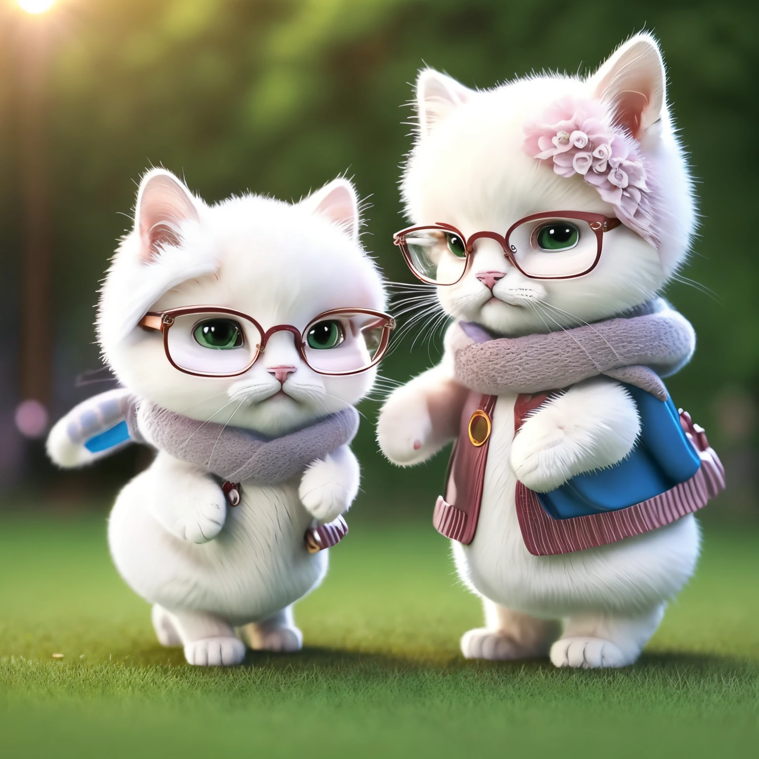 There is a cat standing on the grass holding,Wear glasses, lovely digital painting, the cat is walking, elegant cat, catss. digitial painting, adorable digital art, very beautiful cute catgirl, Cute cat, Cute and detailed digital art, The white ( catss ) girl, Check her Huawei, Cute cat photos, cat photo, wearing fashionable clothes,Cute cat standing