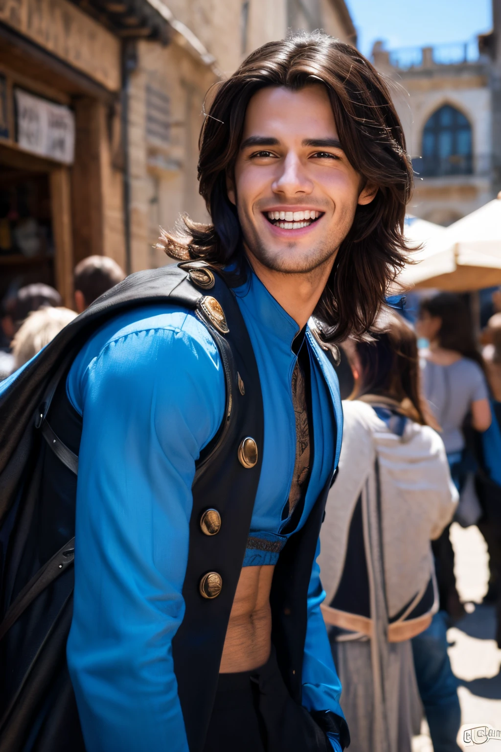 8K,Close-up of a devil wearing a blue and black shirt, beautiful young devil, Super handsome(Like the real thing)super realistic skin,Young men,blue-black long hair,graphic artist magali villeneuve, very stylish fantasy black pants,Stunning character art, epic exquisite character art, arsen lupine, River Male, ,Colored men,medieval street stalls,Big smile,Humorous,slender body,super handsome young man,big mouth open and laughing,Comical I
