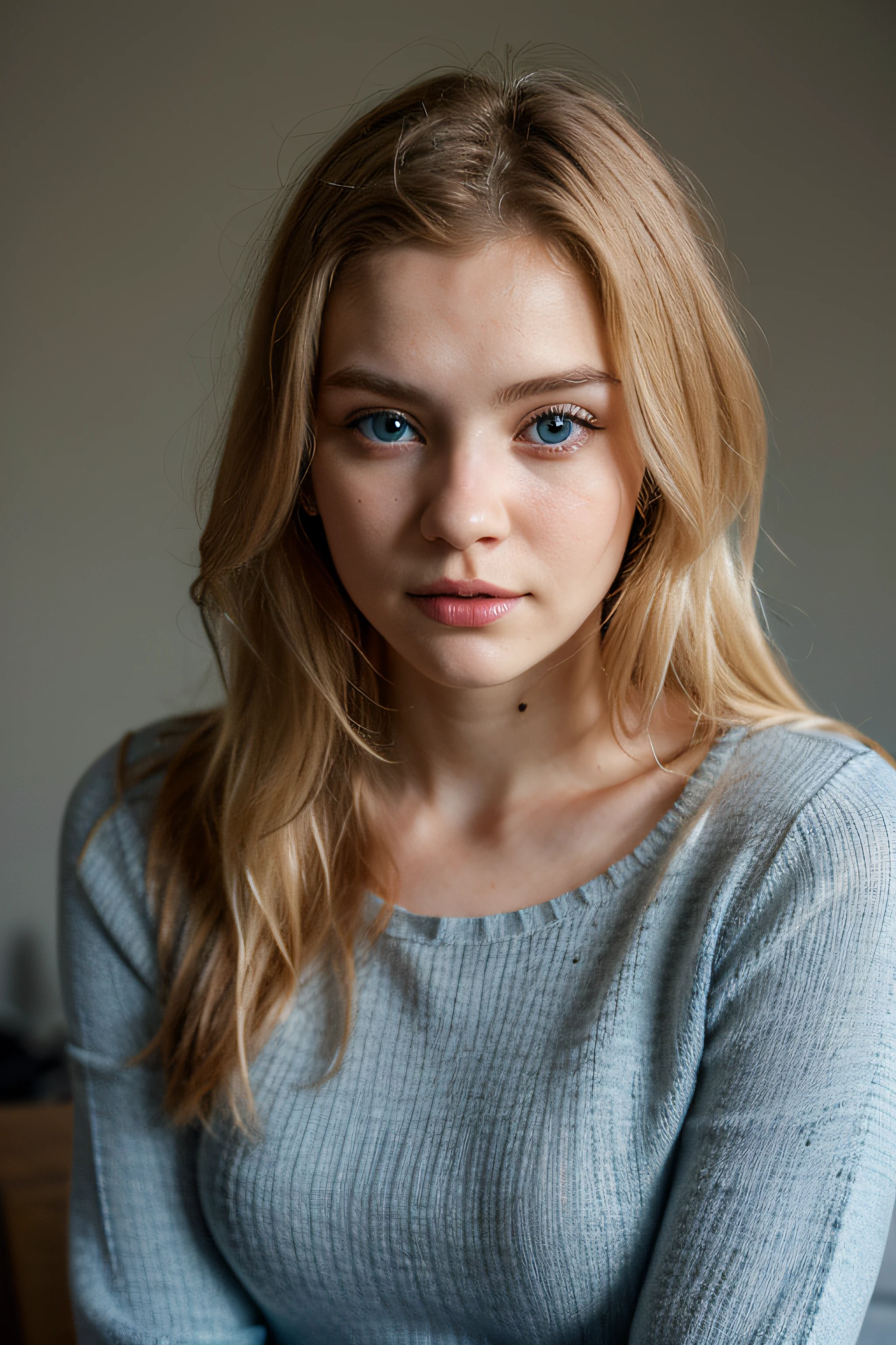 fotorealistisch, nur, beautiful blonde woman, schulterlange Haare, natural figure, CloseUp Foto, Detailliertes Gesicht, Blaue augen,