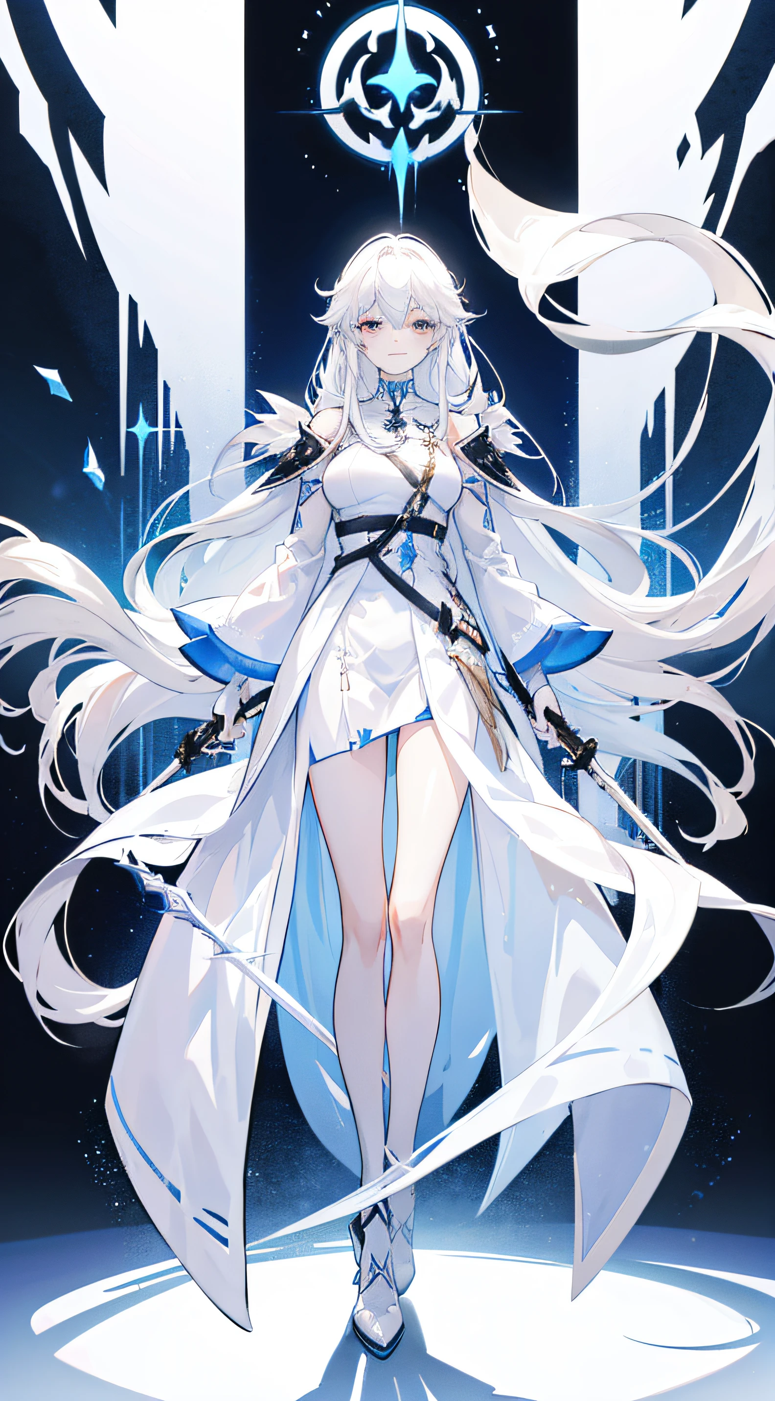 A mature girl with long white hair. Dressed in white that is easy to move around in and looks aesthetically pleasing. Posing with a long, thin, reaper-like sword. Smiling in a friendly manner. Sword and magic user. Full body. Cool pose