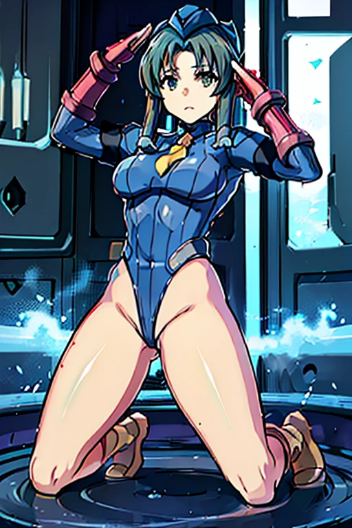 Masterpiece, Best Quality, Highly detailed, illustration, absurdres, street fighter, doll suit, shadaloo doll, agent aika, girls, multiple girls, expressionless, blank eyes, looking at viewer, red gloves, emotionless, black latex, corrution, mind control, female combatant, full body, hypnotized, unhappy trance, full body suit, leotard, perfect female body, extremely glossy latex, Delmo Uniform, belt, hypnosis, hypnoLora, empty eyes, Mind control device, thigh high, kneeling, poses, submissive_pose, visor, sitting, sitting at attention, kneeling at attention, Slave, full tight leg, hat, ribbed bodysuit, red bodysuit, nazi saluting, military, military saluting, salute, Atuy, Utawarerumono, blue eyes, green hair