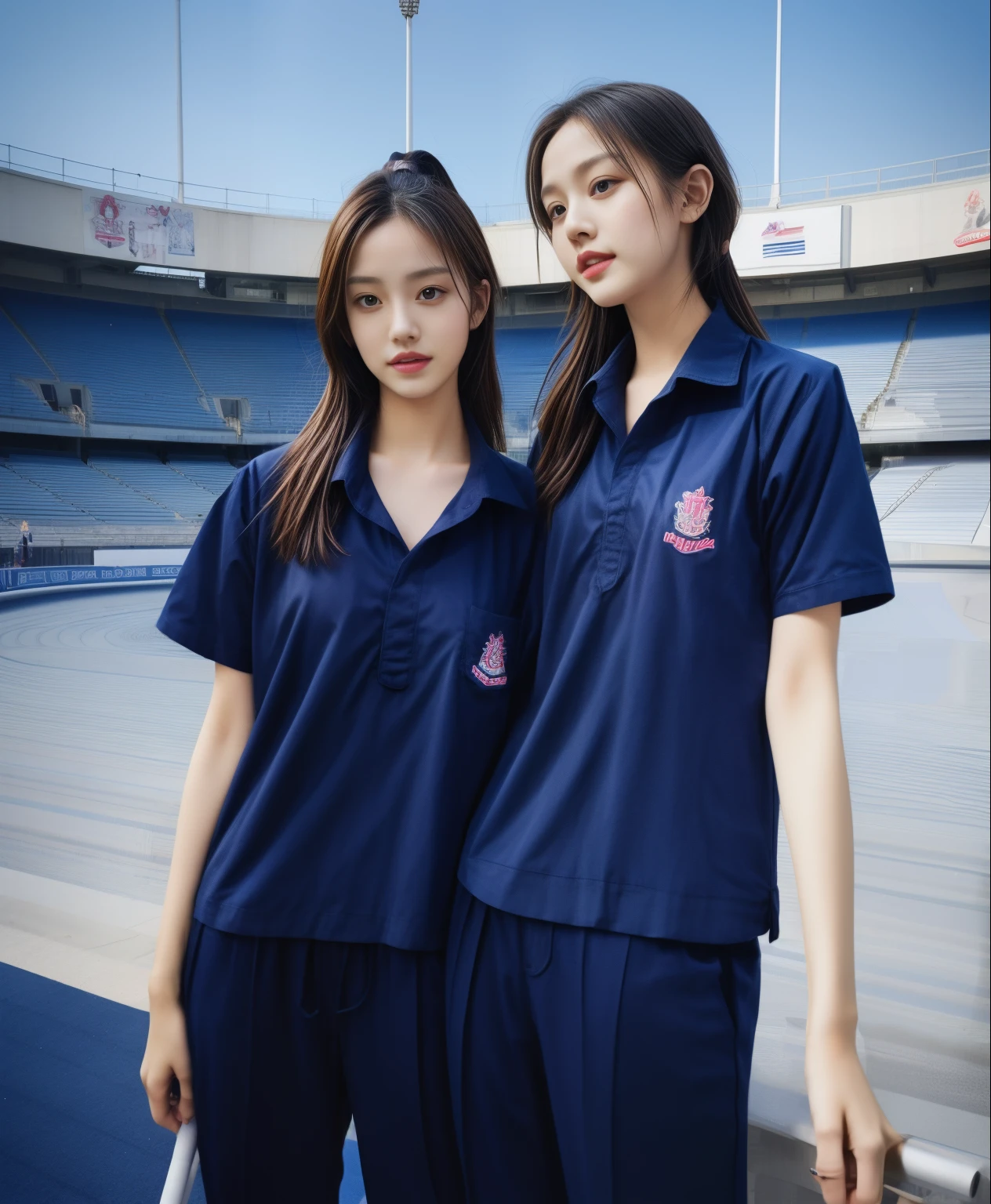 (bestquality,10,10,highres,masterpiece:1.2),ultra-detail,(Realistic,photorealistic portrait,photo-realistic:1.37),1 Cute girl in the football field,oily shiny skin,bara,light smile,BDclothelue shirt:1.3)),short sleeves,shirt, trousers.,(navy_long_Pants Track:1.1), ((Stadium Background:1.3)),dynamic angle,excited,face focus,Dynamic Poses,from behide,Ass Focus,masterpiece, bestquality, ultra realistic, hyper-detail, 8k resolution, RAW photo, crisp focus, ((Navy blue shirt:1.1)), short sleeves, Long Path, Perfect body, 2 mature women, 18yo, cinematic light,Blue sweatpants,Gymware,Correct anatomy,Complete body, Correct body, sharp face, Anatomically correct body, full entire body, Realistic gestures, long-haired, Realistic poses,Wear long shorts..................................,Long leg span,Shapely,Sculpting Girl, Slender Figure, mannequin mannequins, Shapely, Beautiful body,Blue sweatpants, Two girls kissing