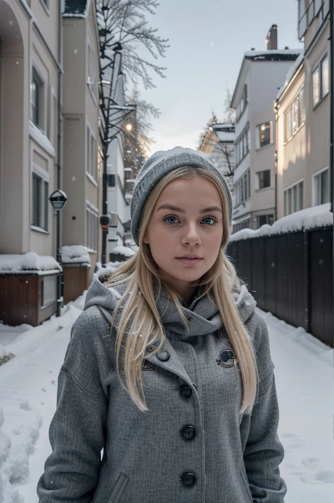 (beste-Qualit, 4K, 8K, hight resolution, Meisterwerk : 1.2), Ultra-detailliert, (Realistisch, fotoreallistisch, fotoreallistisch : 1.37) ((best quality)), ((Meisterwerk)), (Detailliert), Perfektes Gesicht, 1.1, Hochdetaillierte Gesichts- und Hautstruktur, Detaillierte Augen, symmetrische Augen, Anna Björn a 21 year old blonde swedish girl, full body pictures from 5 meters away in cozy winter clothing, snowy stockholm city background, looking away from camera, cute makeup, cute poses, aesthetic instagram pictures