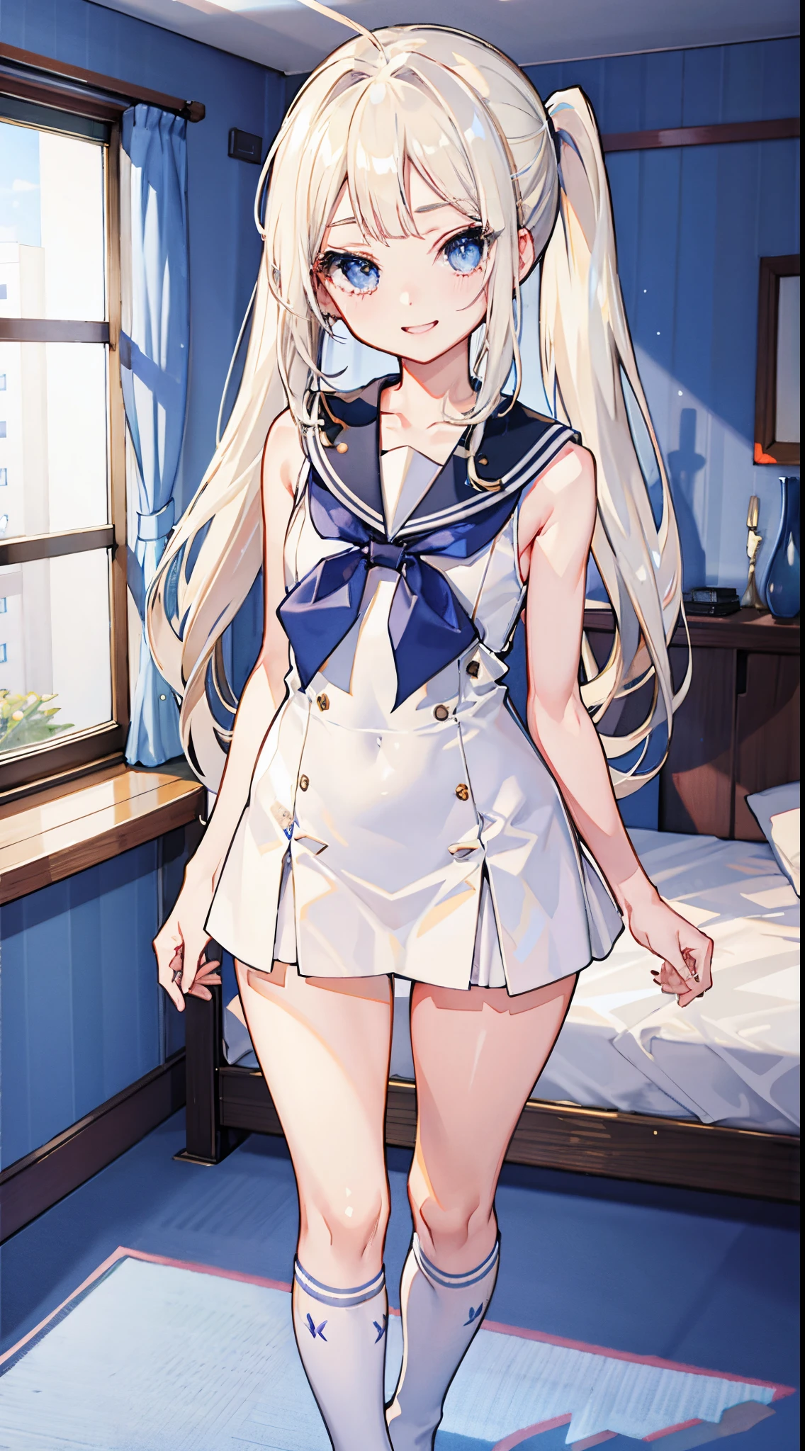 top-quality、realistic touch,high-detail、photoRealstic、long body、thin-waist、captive beauty、big eye、Strong platinum blonde eyelashes、platinum-blond、full body Esbian、Sparkling eyes、Submissive smile、Flushed cheeks、Kamimei、thin-waist、Voluptuous thighs、Enraptured look、Raked bangs、The forehead is protruding、a sailor suit、sleeveless、Inside a room、13yo girl、pony tail hairstyle、standing、clothes with wide open sides、