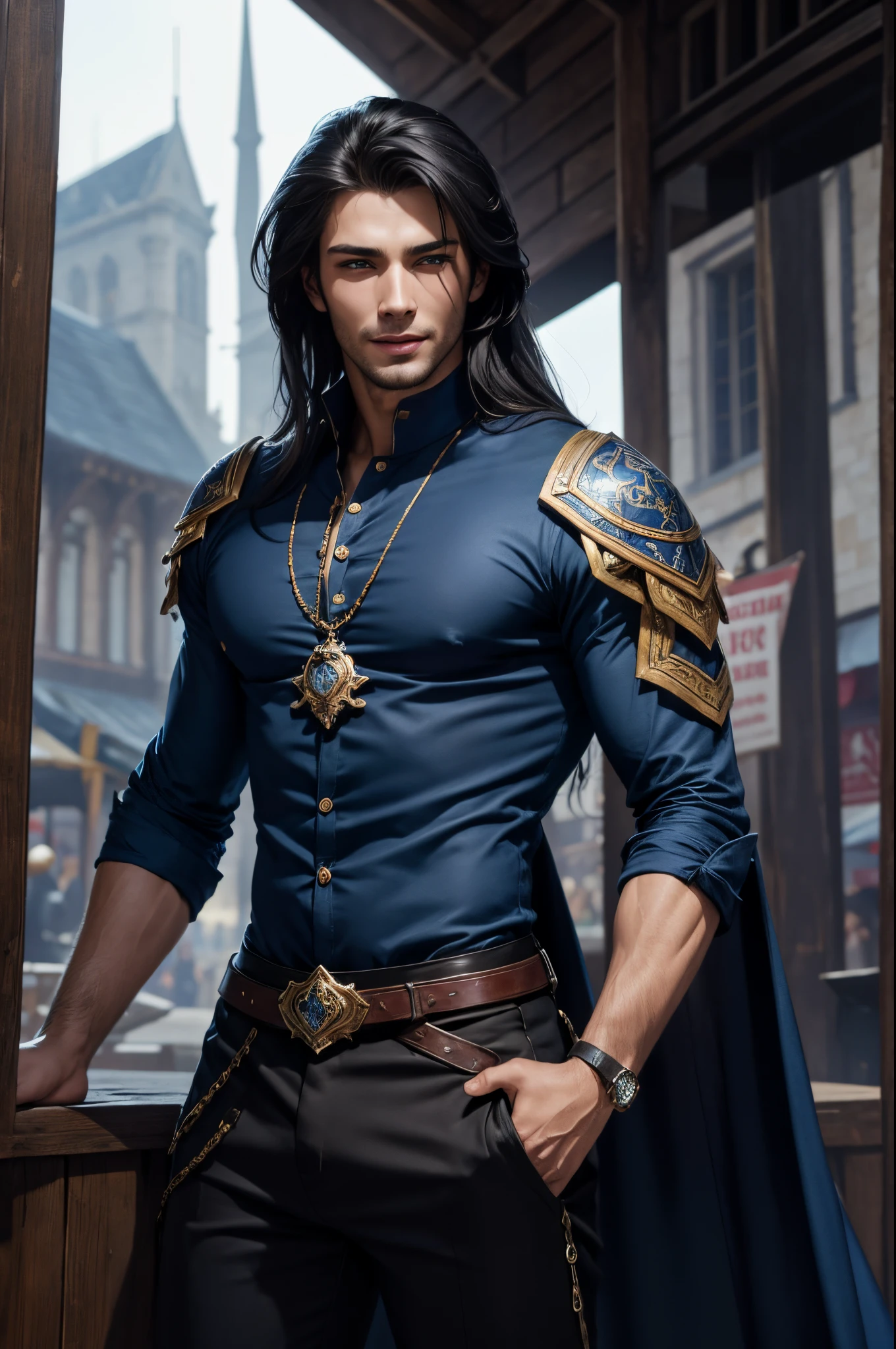 8K,Close-up of a devil wearing a blue and black shirt, beautiful young devil, Super handsome(Like the real thing)super realistic skin,Young men,blue-black long hair,graphic artist magali villeneuve, very stylish fantasy black pants,Stunning character art, epic exquisite character art, arsen lupine, River Male, ,Colored men,medieval street stalls,Big smile,Humorous,slender body,super handsome young man,big mouth open and laughing,comical,