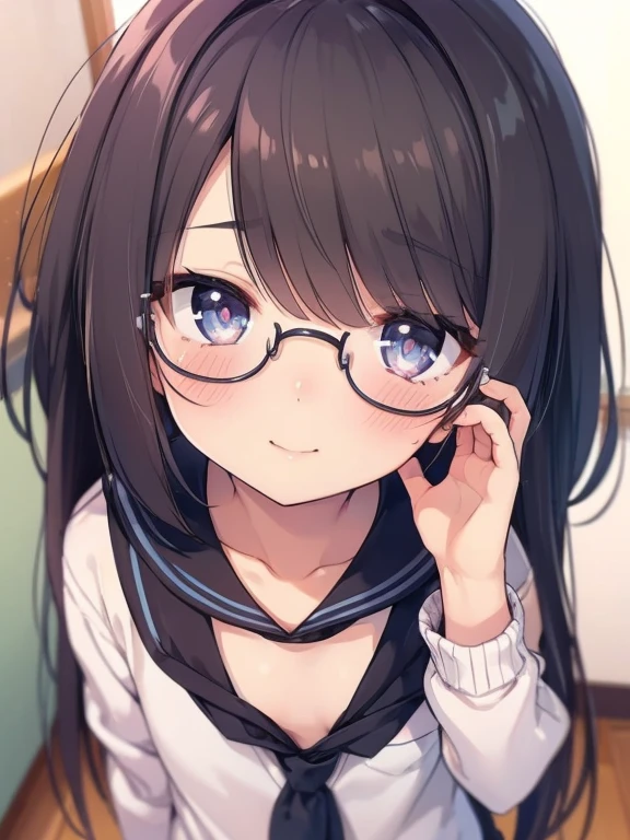 ultra-detailliert, Best Quality, High resolution, ((A ite, black-haired girl with a big face and cute sagging eyes.))、Pretty eyes、Detailed eye depiction、Eye sparkle、Looking at Viewer, pale skin、(((Petite))), (a sailor suit)、(flat chest), (big round glasses), (blush:1.2), (big eye:1.5), Shy smile, in class room, Focus on the face, Long hair, ((Super close-up of the eyes))