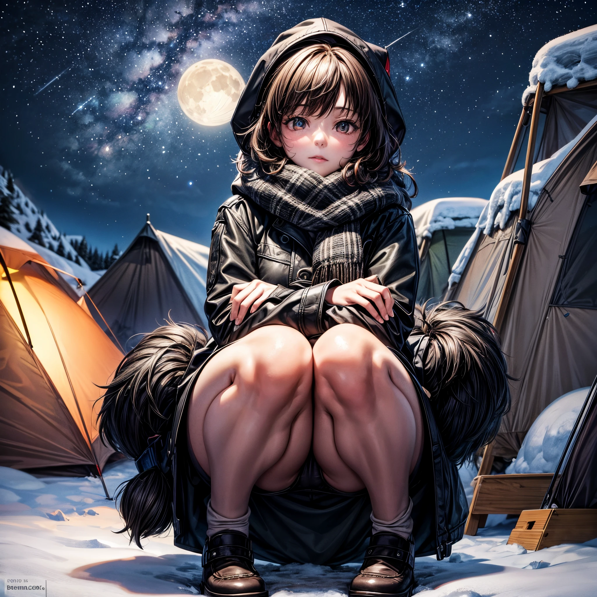 1 cute girl, 16yo, detailed big eye, very cute girl is enjoying camping, squatting in front of bonfire, warm soup, thick coat, scarf,
in Mountain, camp site, heavy snowy, midnight, moon, tent, snow covered tree,
BREAK
photo realistic, in 8K, best Quality, masterpiece:1.2, realistic, professional lighting, high quality, high resolution,