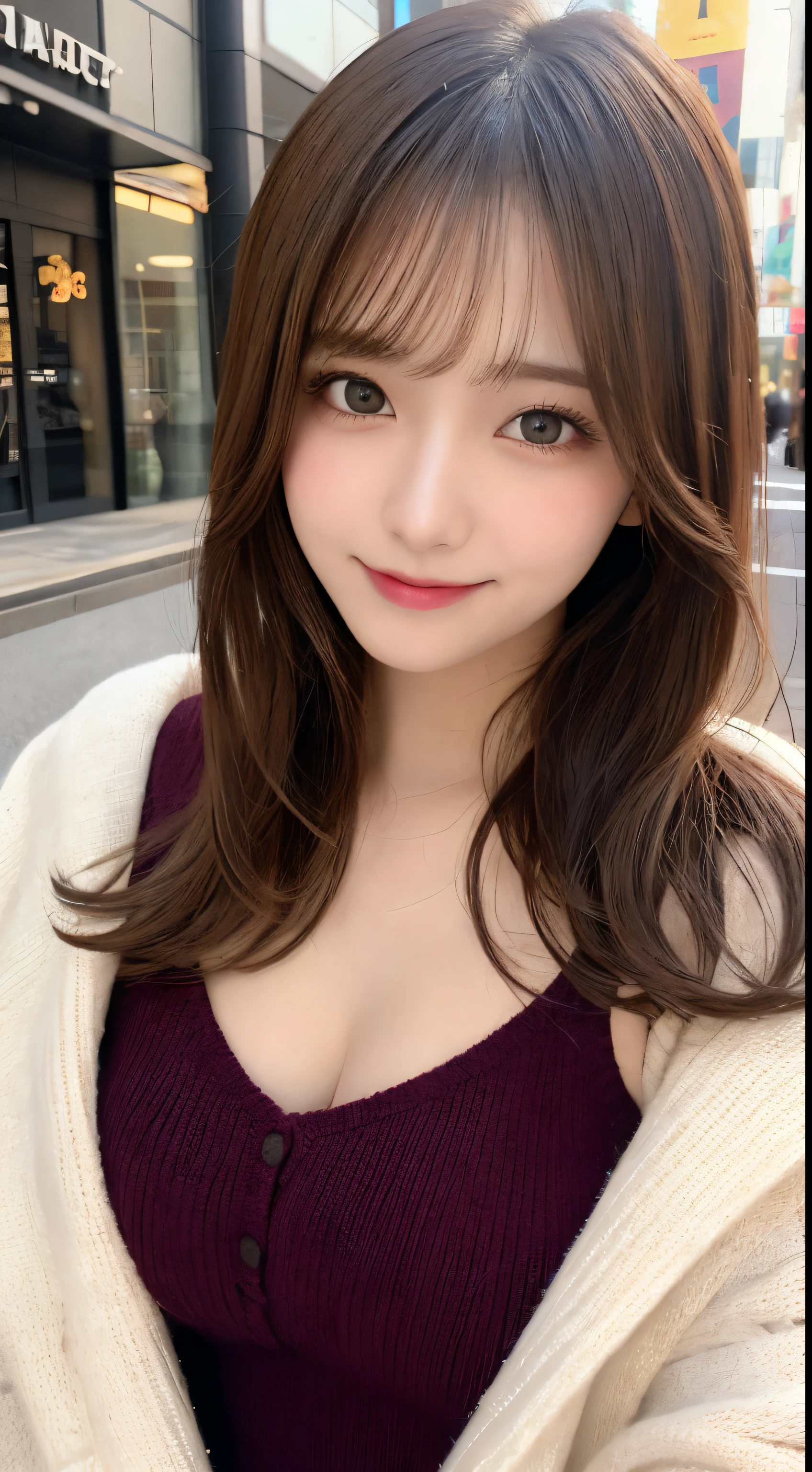 masutepiece, Best Quality, Illustration, Ultra-detailed, finely detail, hight resolution, 8K Wallpaper, Perfect dynamic composition, Beautiful detailed eyes, long coat and knit,Medium Hair,Small breasts natural color lip, Bold sexy poses,Smile,Harajuku、20 years girl、Cute、Sexy shot looking at camera