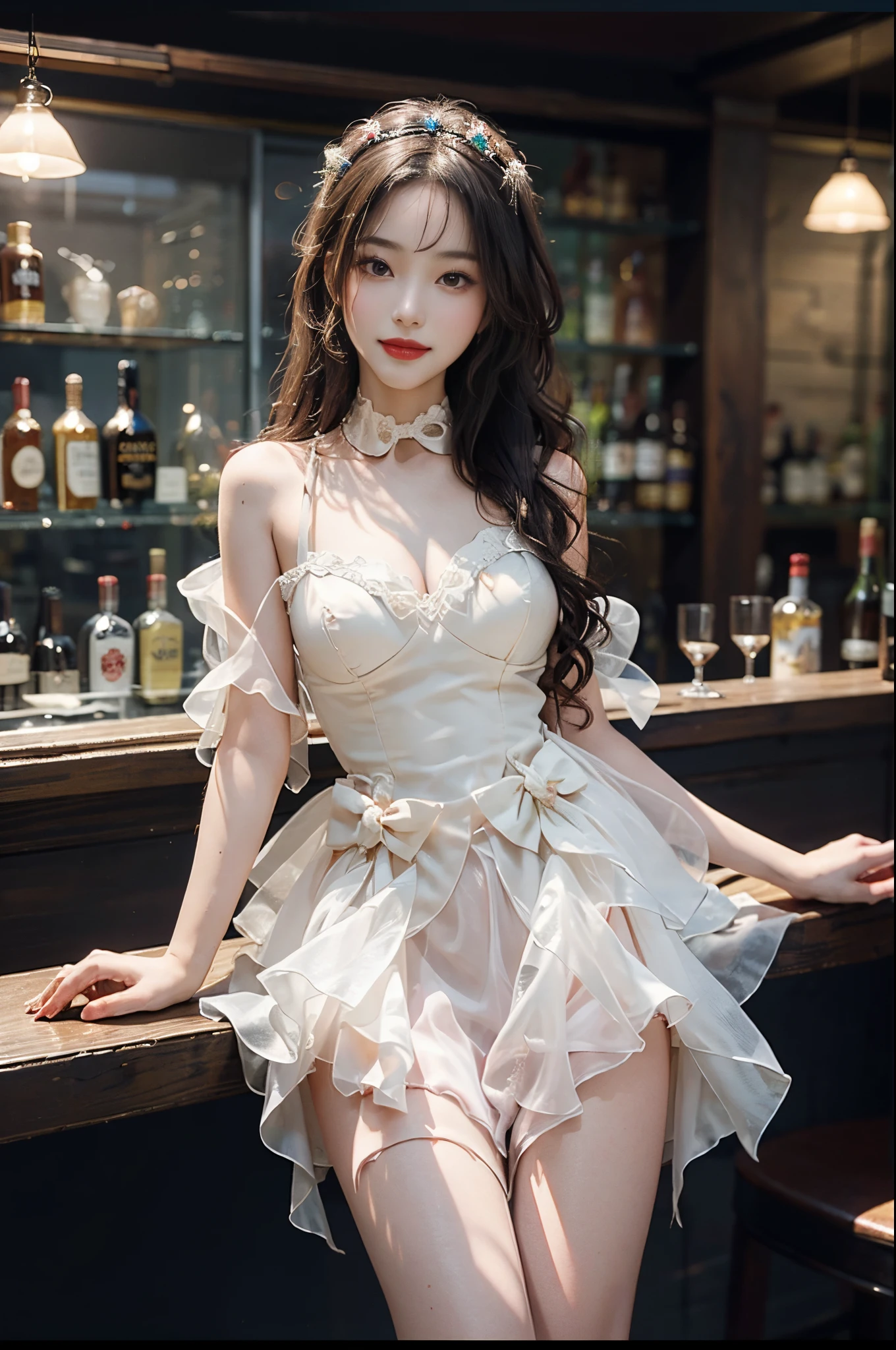 Romantic Rosette dress2, fashi-girl,red lips,mature female,makeup, liuyifei,((from below)),((cowboy shot)), a beautiful girl, a young female model,  random pose, elegant pose, visually appealing, masterpiece, (best quality, 4k, 8k, highres, masterpiece:1.2), ultra-detailed, ultra-fine painting, exquisite face, slender figure, smiling, radiant smile, In a bar, stand and lean against the bar counter