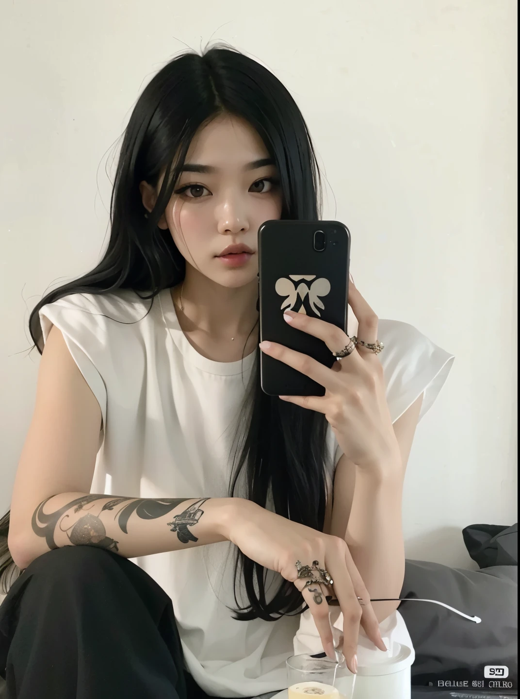 Araffe woman with long black hair sitting on a bed holding a cell phone, cruel korean goth girl, ulzzang, goth girl aesthetic, Chica coreana, whitebangsblackhair, Jinyoung Shin, Hermosa mujer surcoreana, Ella tiene el pelo negro con flequillo, 1 7 - year - old goth girl, gothic aesthetic, Cabello negro Hime cortado, pale goth beauty