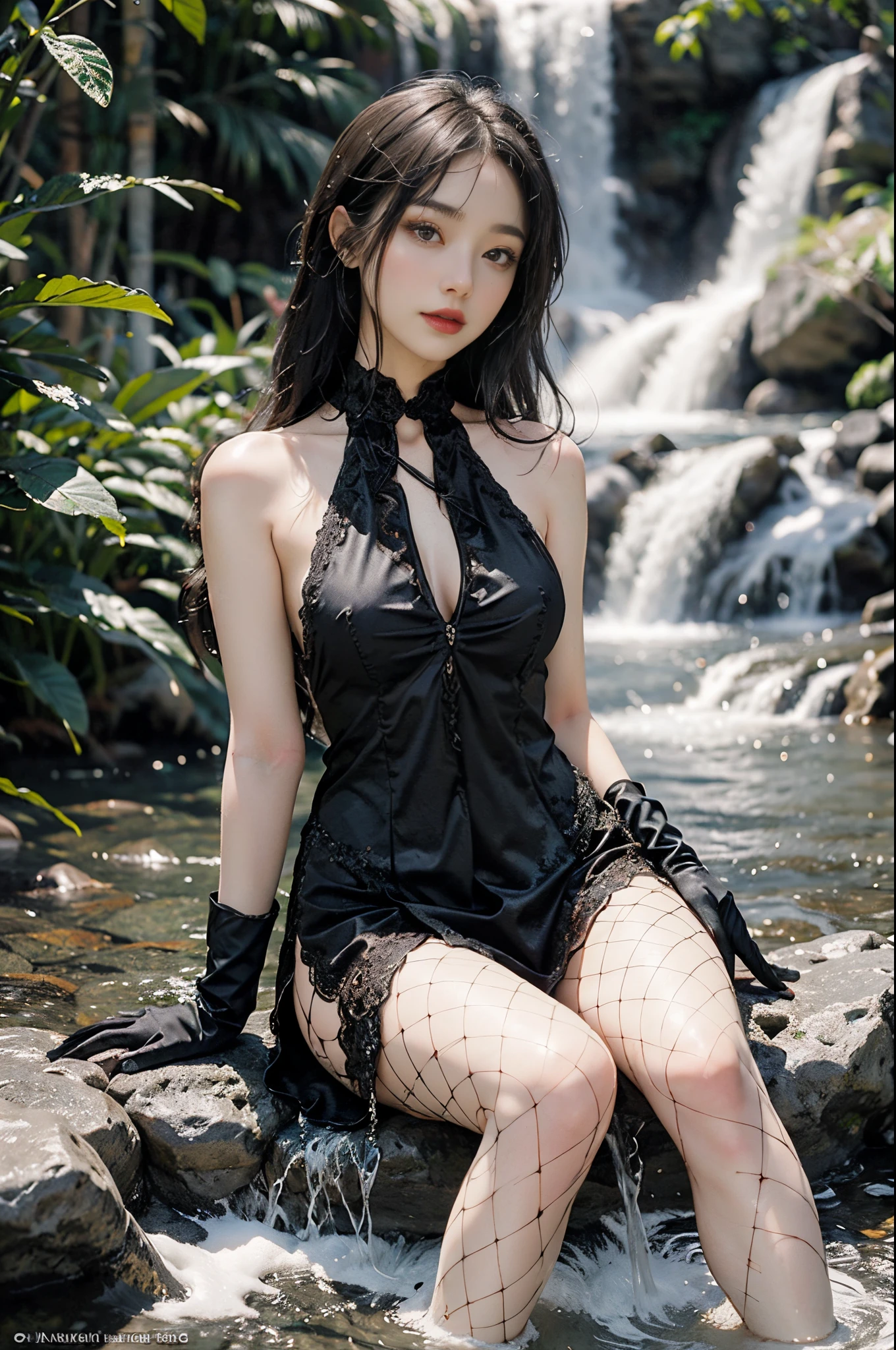 black dress, black gloves, pantyhose, fashi-girl,red lips,mature female,makeup, makeup, ((cowboy shot)), (best quality, masterpiece:1.2), Sitting, sitting on a rock, ultra-detailed, (realistic:1.37), beautiful, youthful, glamorous model with (detailed eyes, detailed lips, extremely detailed eyes), with white and floral colors, showcasing a radiant smile, slender figure, long legs, creating a breathtaking depiction of a girl enjoying the water,  realistic waterfalls, wet clothes and hair,  radiant sunlight,  lush greenery, refreshing mist, Elegant pose, random pose, random Angle of view, Getting wet under a waterfall, The waterfall fell on her