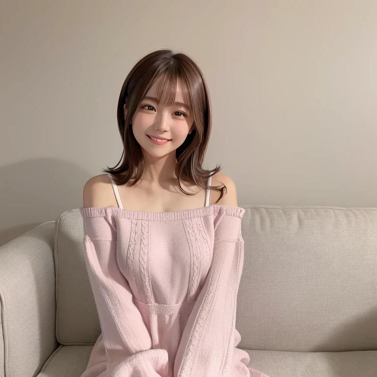 Pink knitted dress, sofa, livingroom, Smile, Brown hair, shoulder-length hair, White wall background, Very white skin