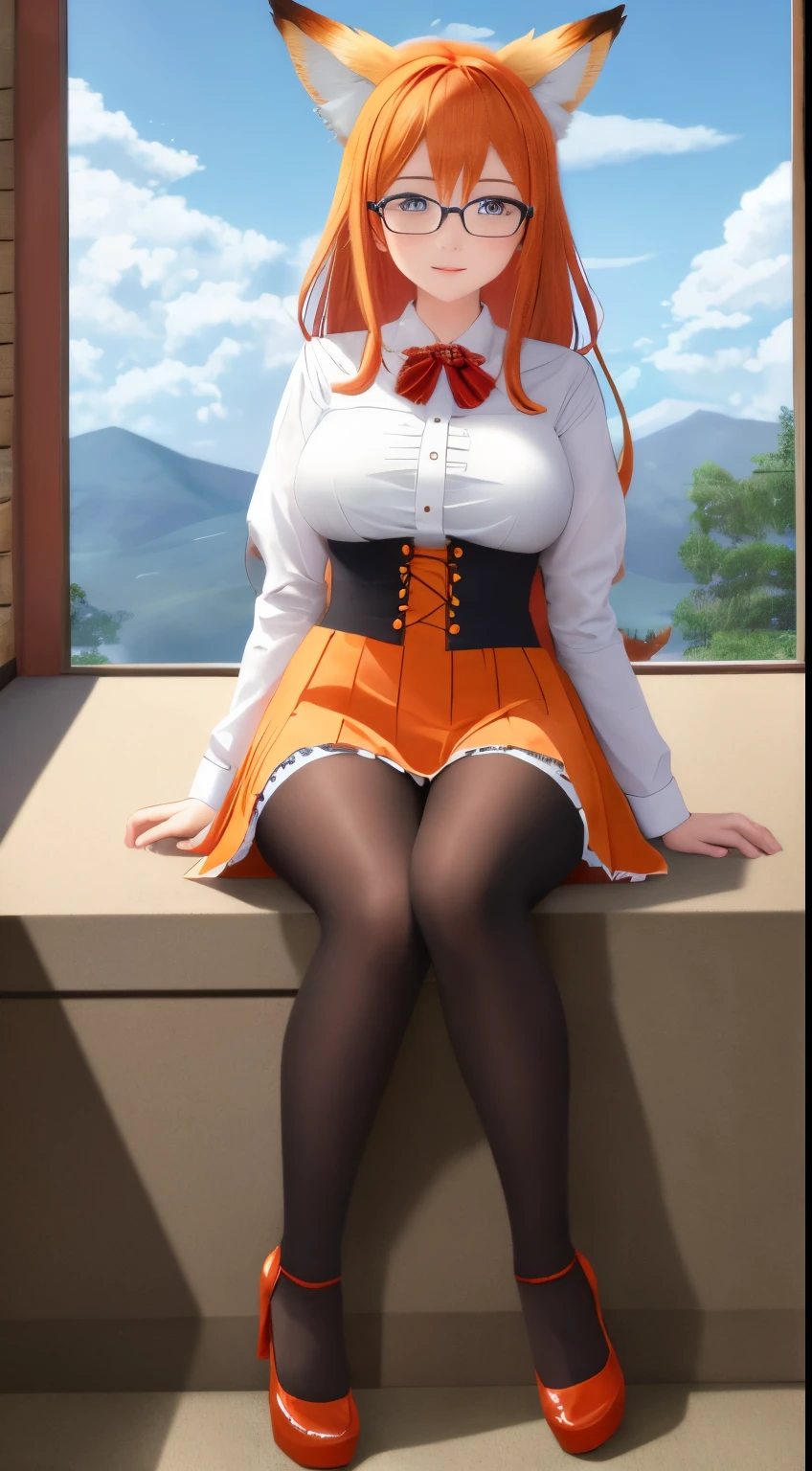 anime girl, 1 person, orange hair, glasses, Crown,maid,fox ear, Fox's tail, front view, big breasts, tights, sitting on desk,exposed chest, underwear, maid suit, shy, blushing, lifting skirt , bright sky, sitting cross-legged, high heels,exposed chest, underwear, middle-aged women, blushing, lifting skirt, showing off underwear, (full HD 4K+ image