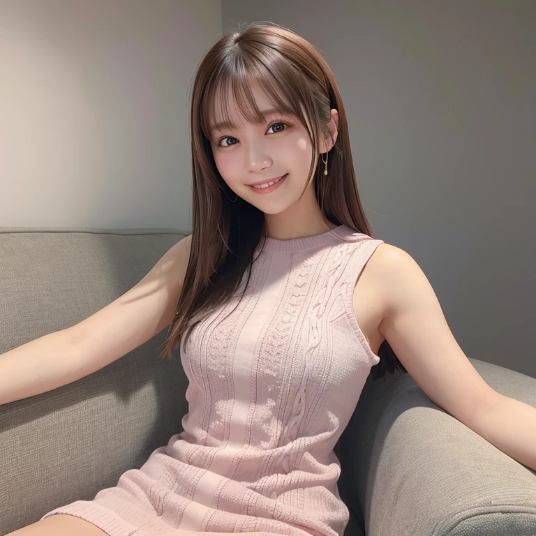 Pink knitted dress, sofa, livingroom, Smile, Brown hair, shoulder-length hair, White wall background, Very white skin