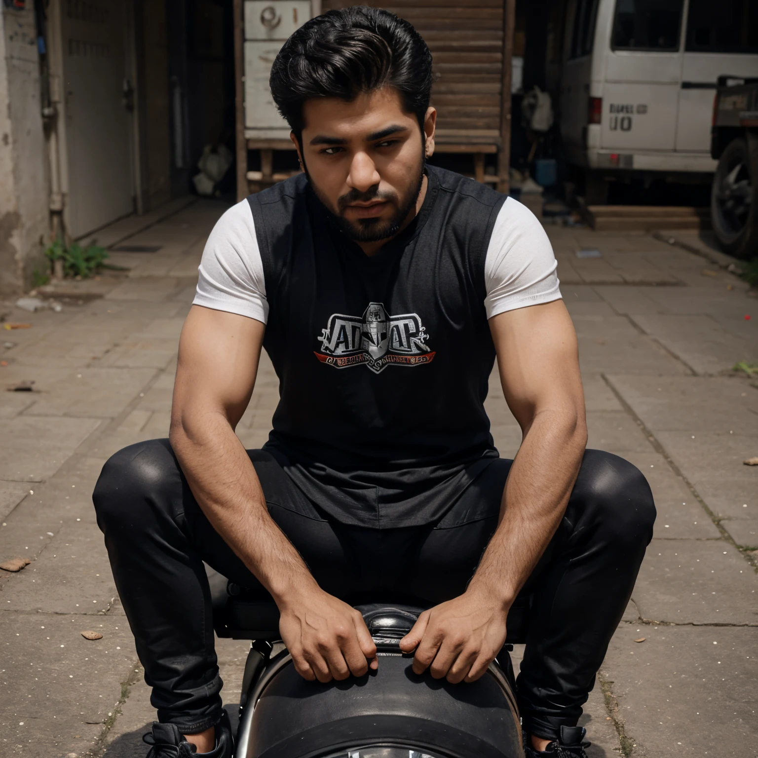 A Boy sit on Heavy Bike and and wriiten naam is Ammar on thier back shirt