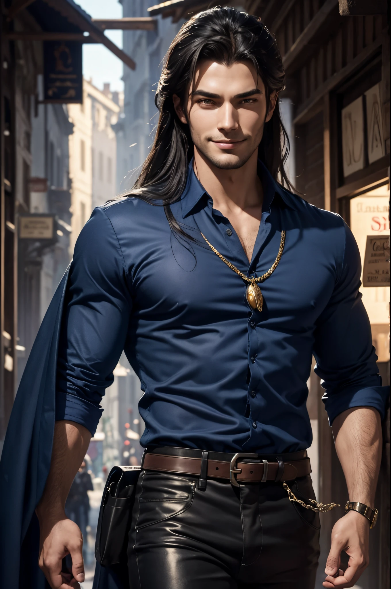 8K,Close-up of a devil wearing a blue and black shirt, beautiful young devil, Super handsome(Like the real thing)super realistic skin,Young men,blue-black long hair,graphic artist magali villeneuve, very stylish fantasy black pants,Stunning character art, epic exquisite character art, arsen lupine, River Male, ,Colored men,medieval street stalls,Big smile,Humorous,slender body,super handsome young man,big mouth open and laughing,comical,
