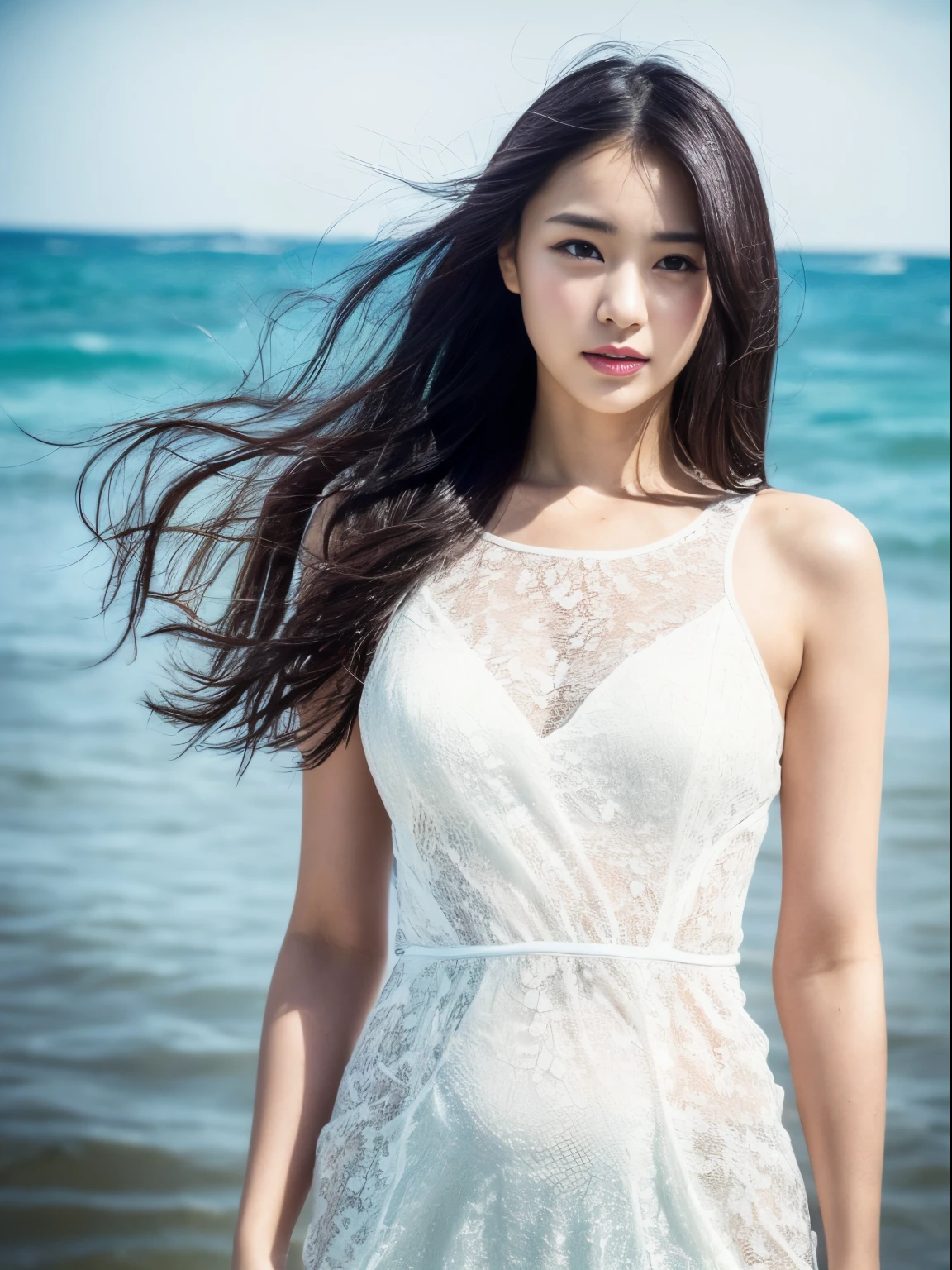 ((of the highest quality, 8K, masutepiece: 1.3)), Women (Full body portrait, Lace dress, body part in the sea), plein air, Blue sea in the background, Overhead camera, Sharp Focus: 1.2, Cute Woman: 1.4, ((Long hair, Floating hair)), Highly detailed face and skin and hair texture, wet texture hair, Wet body, Detailed eyes, Double eyelids, White skin, Beautiful legs, beautiful delicate nose, Cute young Japan woman, 28 years old, With dynamic angles, The muted tones and contrasting combinations of light and shadow create a melancholy feeling.。, While emphasizing the subject's hair, Eyes, Mouth and behavior, It's also pleasing to the eyes、It is a thought-provoking composition.