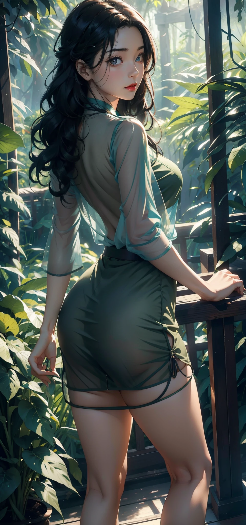 1female，45 yers old，Married woman，legs long, Slim waist， photo exposure， 独奏，（Background with：at a forest，the rainforest，in summer） She has long black hair，Redlip，Stood up，seen from the front， curlies， The sky is mostly cloudy，（（（tmasterpiece），（Very detailed CG unified 8k wallpaper），Best quality at best，电影灯光，detailed back ground，Beautiful right eye pupil，（very delicate beautiful），（Beautiful and detailed eye descriptions），ultra - detailed，tmasterpiece，）），facing at the camera，A high resolution，ultra - detailed），Revealed，equipment， convex，Camel toes，Raised sexy，binh（dressed in：，Green transparent shirt，）