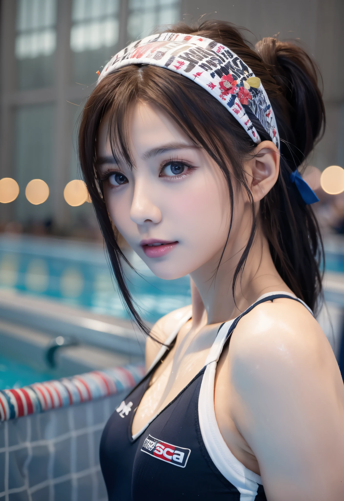 8K, of the highest quality, masutepiece:1.2), (Realistic, Photorealsitic:1.3), of the highest quality, masutepiece, Beautiful young woman, Pensive expression, Thoughtful look, Competitive swimmers、swim wears、Hair tied back, Cinematic background, Light skin tone、wetted skin