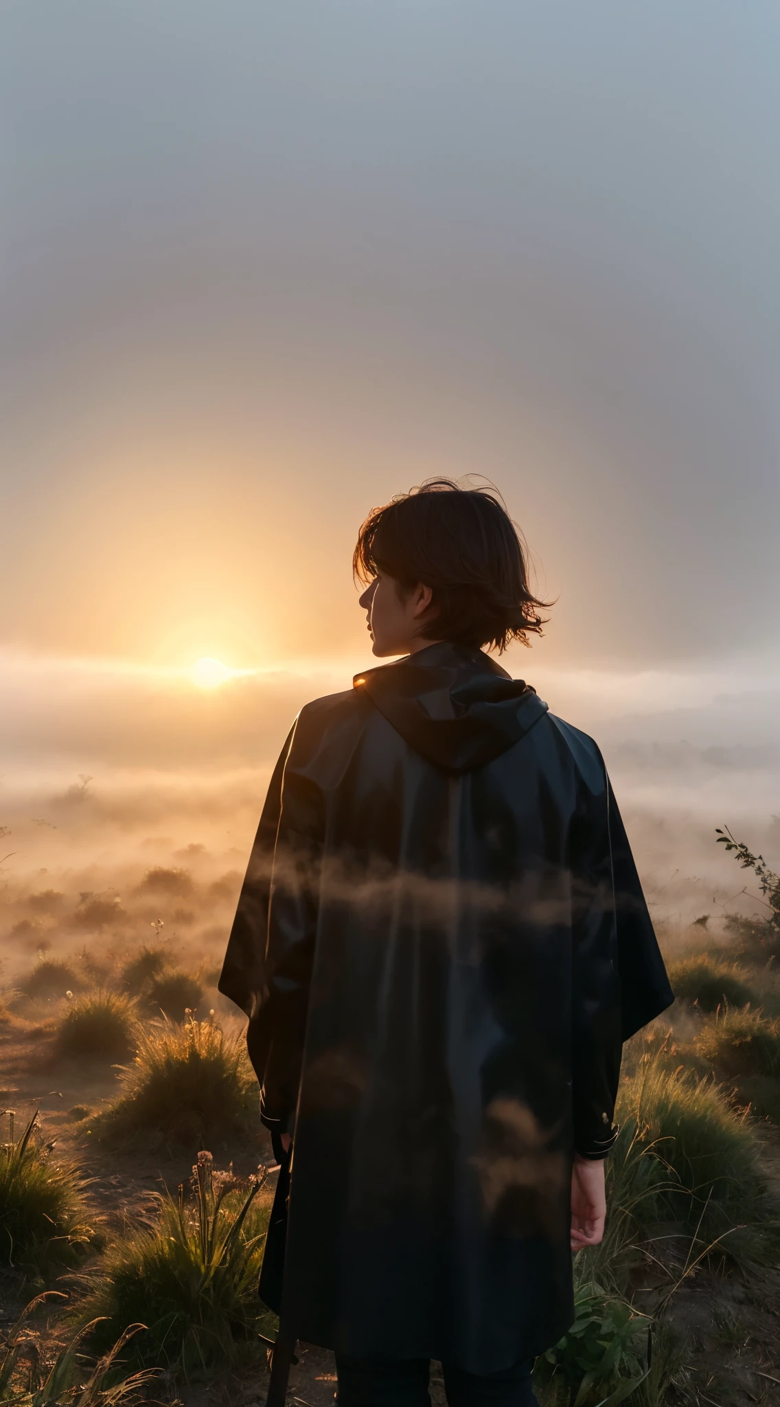 (top-quality,8K picture quality,masterpiece:1.3,),(超A high resolution,Photorealsitic:1.4,Raw photography),(Perfect Anatomy,Caustics),(Thick morning fog:1.5),(Shrouded in fog:1.5),(the morning sun:1.3),(Back lighting:1.5),grass field,Black hair short bob,smil,stares at the camera,Bust-up shot