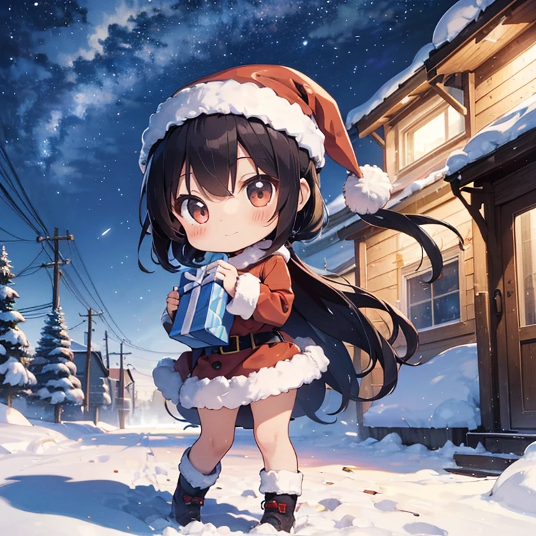 ((chibi)), Santa girl, snowy night sky,