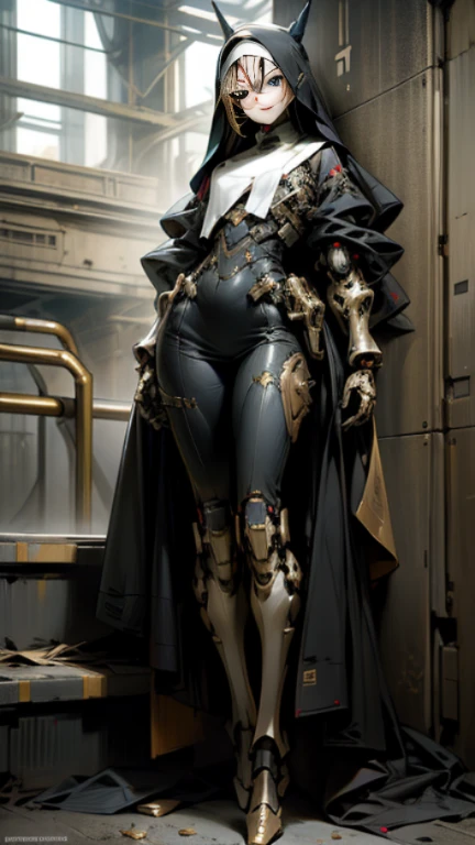 Elegant Girl, One Mecha Girl, Full Body Portrait, Humanoid Nun Mecha, Dark, Si-Fi, post apocalype, Sky Blue Eyes, Nun style Mecha, Extreme Detailed, Realistic, Black and Gold, beautiful Leg