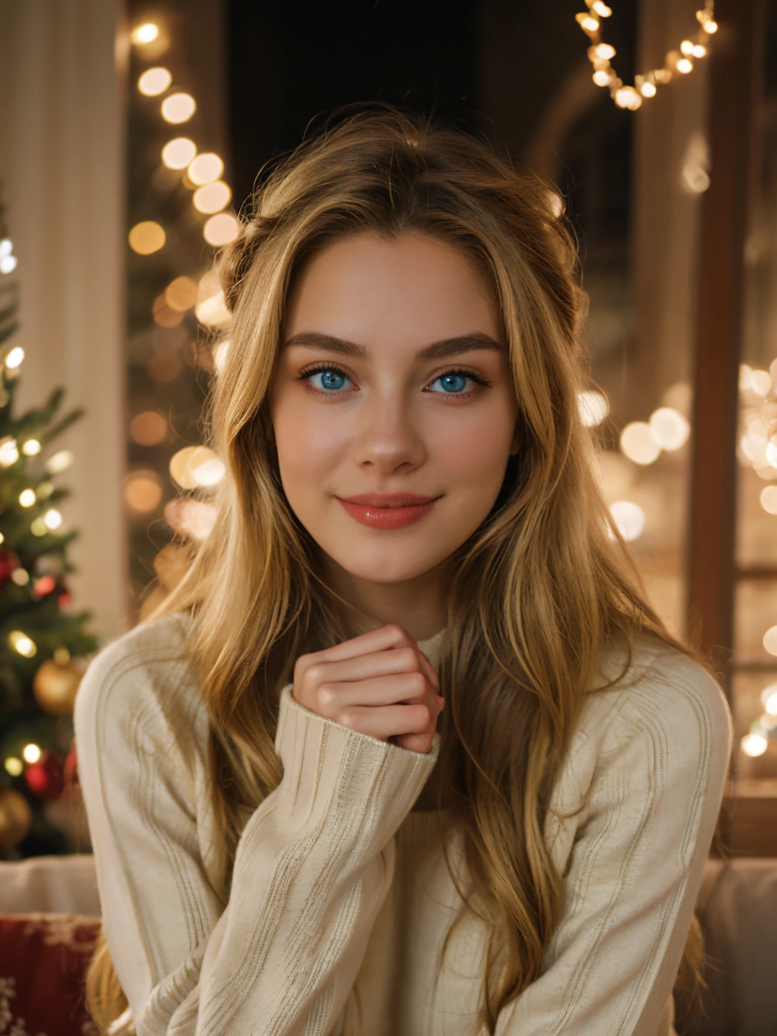 1个Giant Breast Girl, Alone, ssmile, Christmas tree, long whitr hair, Sweaters, eBlue eyes, looking at viewert, actual, Blonde hair, fuzzy, The sleeve exceeds the wrist, whitesweater, christmas, Indoors, christmas ornaments, The upper part of the body,  cparted lips, longer sleeves,