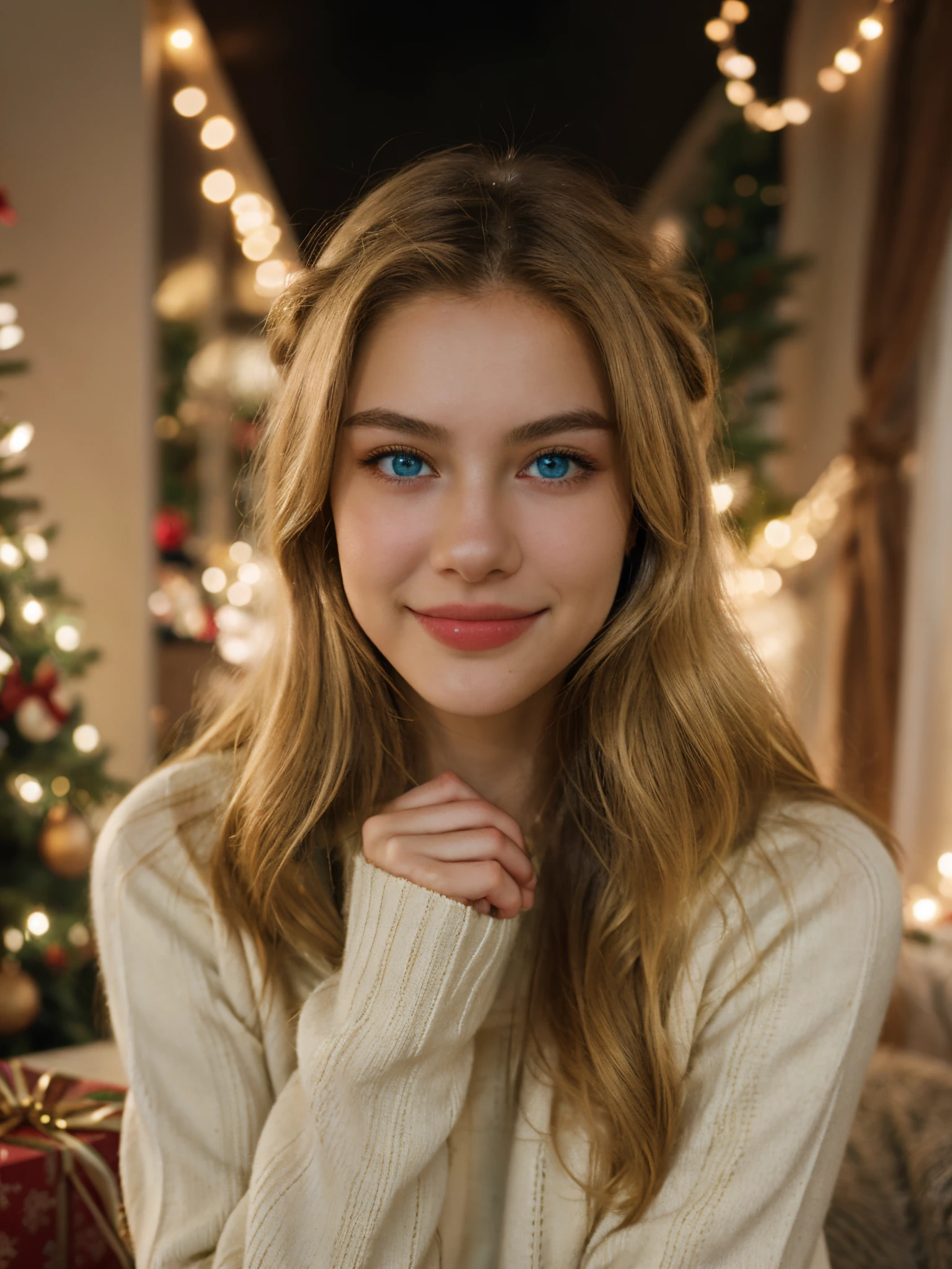 1girl, solo, smile, christmas tree, long hair, sweater, blue eyes, looking at viewer, realistic, blonde hair, blurry, sleeves past wrists, white sweater, christmas, indoors, christmas ornaments, upper body,  lips, long sleeves,