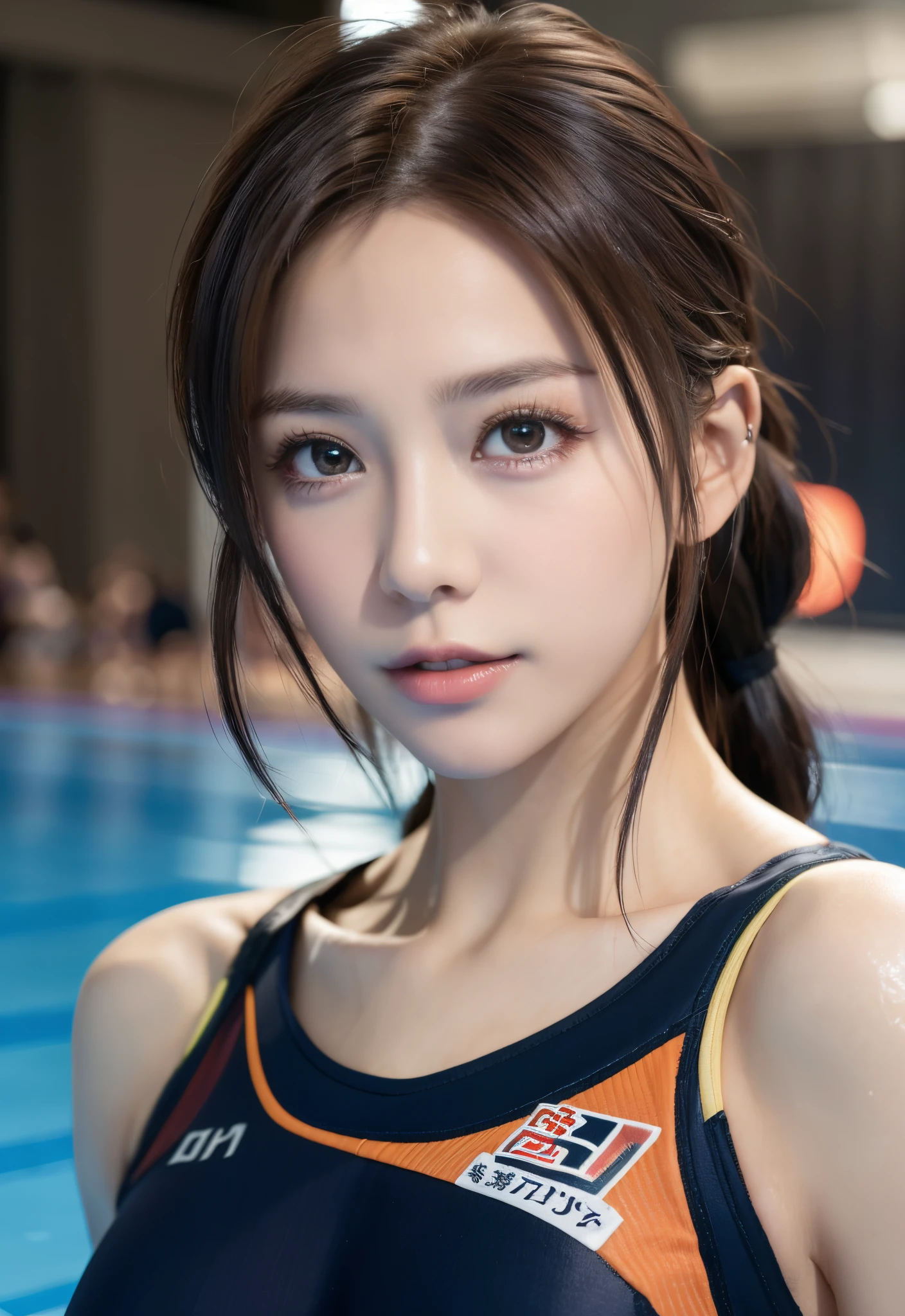 8K, of the highest quality, masutepiece:1.2), (Realistic, Photorealsitic:1.3), of the highest quality, masutepiece, Beautiful young woman, Pensive expression, Thoughtful look, Competitive swimmers、swim wears、Hair tied back, Cinematic background, Light skin tone、wetted skin