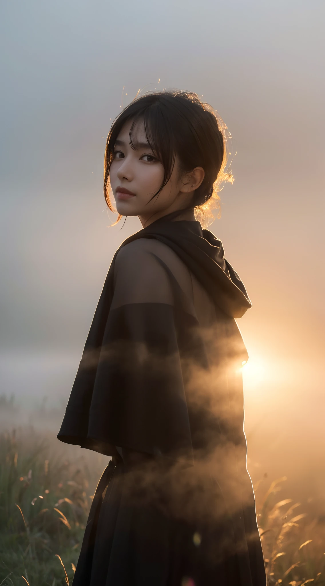(top-quality,8K picture quality,masterpiece:1.3,),(超A high resolution,Photorealsitic:1.4,Raw photography),(Perfect Anatomy,Caustics),(Thick morning fog:1.5),(Shrouded in fog:1.5),(the morning sun:1.3),(Back lighting:1.5),grass field,Black hair short bob,smil,stares at the camera,Bust-up shot