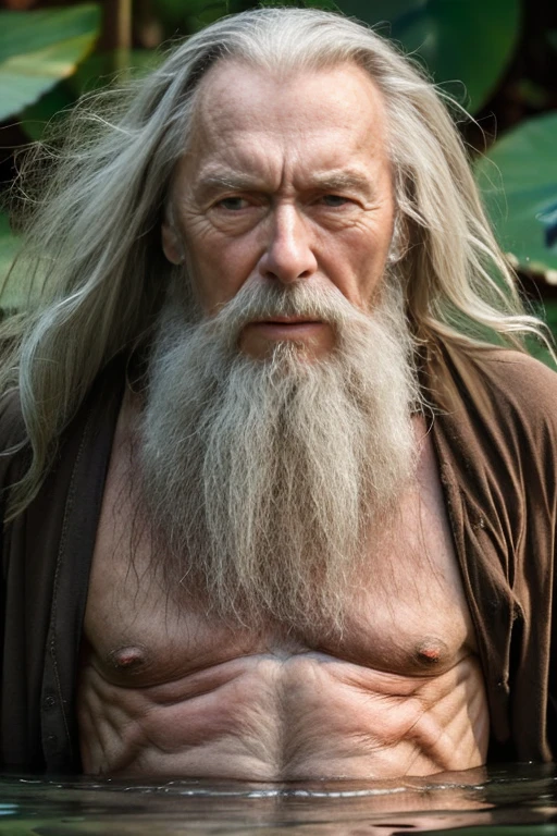 Clint Eastwood, An elder with a long beard and white hair, with a serene face wrinkles, looking producing, body older weak, skinny bones hairy, body naked, his shirt was open to reveal his stomach wrinkles older hairy weak and chest, arms legs neck hands feet skinny old and weak, shy and blushed, Lying in the water,water lily,lotus leaf,Closed eyes,master-piece,4K images,beste-Qualit