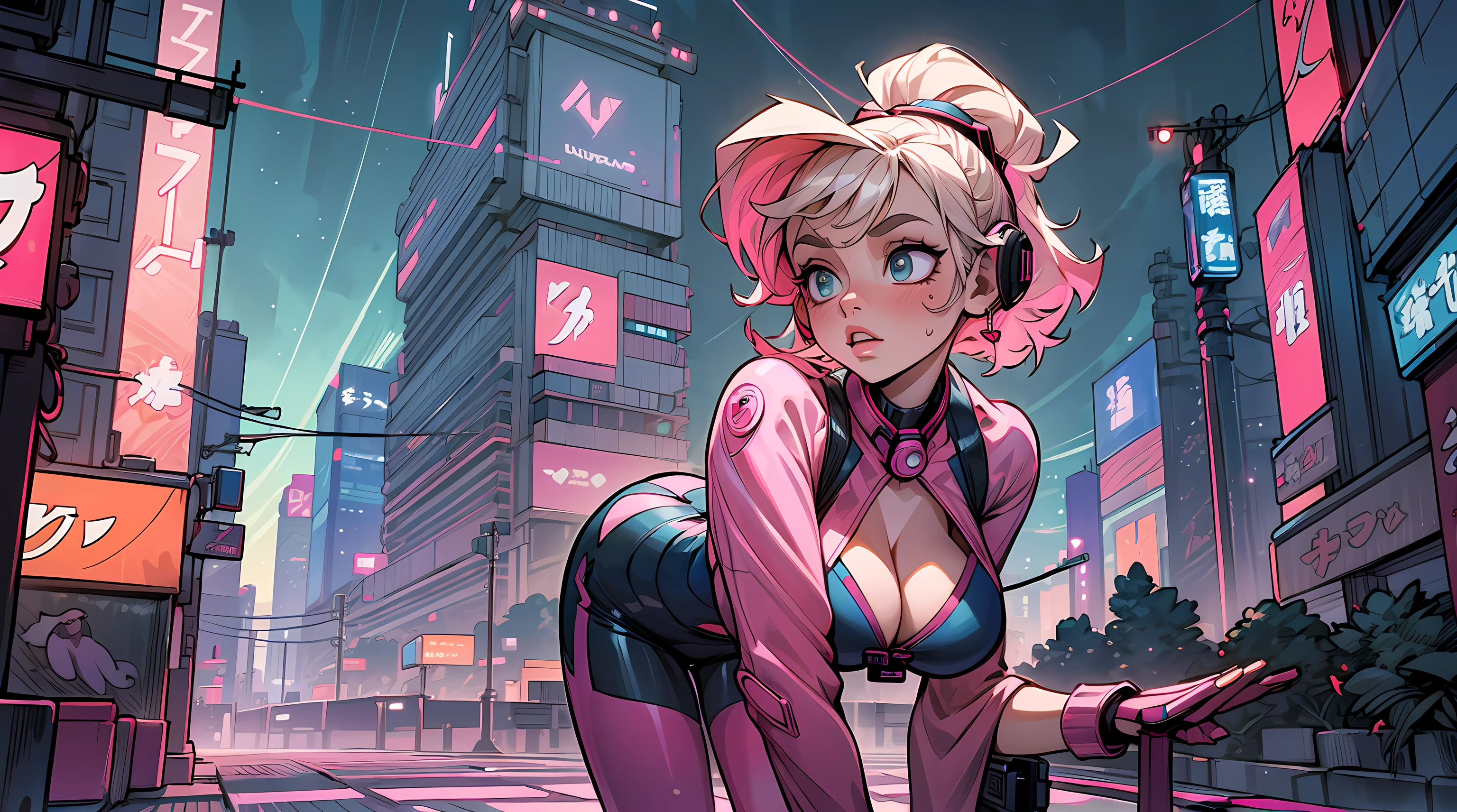 (best quality,4k,8k,highres,masterpiece:1.2),ultra-detailed,(realistic,photorealistic,photo-realistic:1.37),sexy comic 1girl,headphone, glowing skin, beautiful background, beautiful sky, aesthetic, venilla, night, cleavage, japan, tokyo city, synthwave, vibrant colors, neon lights, lively atmosphere, stylish outfit, confident expression, dynamic pose, skyscrapers, bustling streets of Tokyo, retro-futuristic vibe, manga-inspired, edgy, energetic lines, vibrant street art, stylish graffiti, atmospheric lighting.