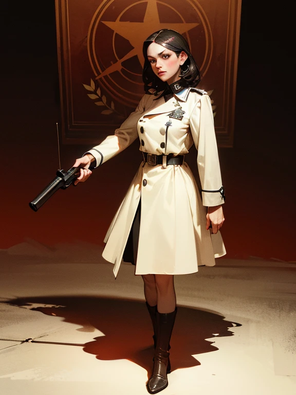 (best quality,highres,masterpiece:1.2),ultra-detailed,(realistic,photorealistic:1.37),A girl in a SS uniform, holding a pistol, beautifully detailed eyes, beautifully detailed lips, extremely detailed face, long eyelashes, confident expression, dark hair, neatly combed, sleek, tall and slim figure, crisp uniform with the iconic SS symbol, high leather boots, polished to a shine, iron cross insignia on the collar, background with military barracks, dimly lit with a hint of ominous atmosphere, dramatic lighting casting shadows on the girl's face, monochromatic color palette with a touch of red for the symbol, a sense of tension and secrecy in the air.