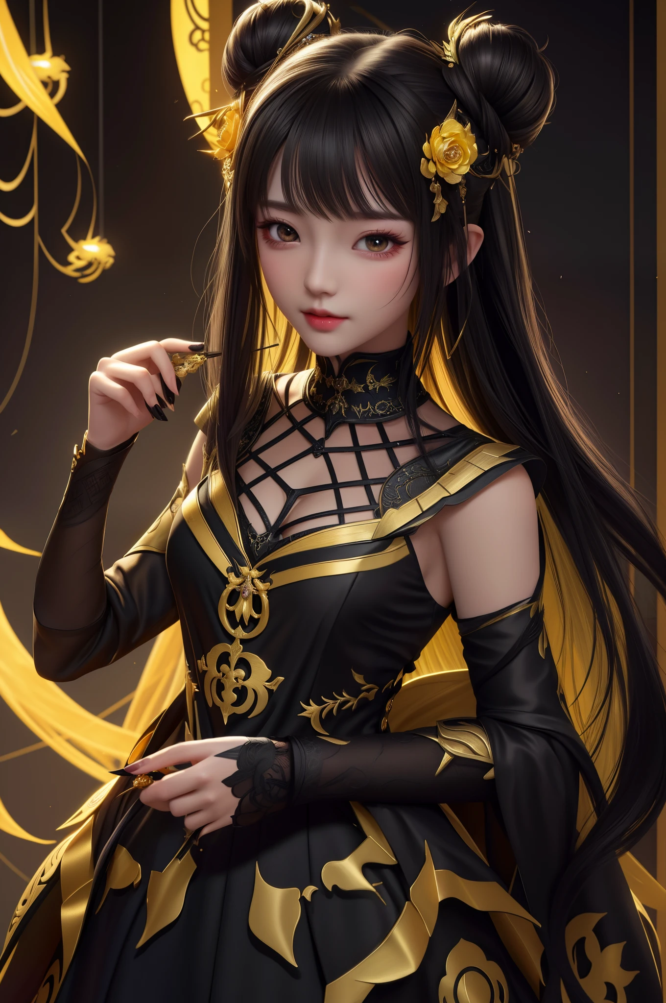 8K,There is a woman wearing a black and gold dress., High quality detailed art by Yang K, fanart best artstation, very detailed Artgerm, inspired by Yang Jin, Fantasy Art Style, a beautiful fantasy empress, tiny chest,Spider crest(Precise workmanship details)Trending on CGSTATION, Inspired by Yang J, beautiful character painting, ! Dream ArtGerm Haha Ne Character Art,