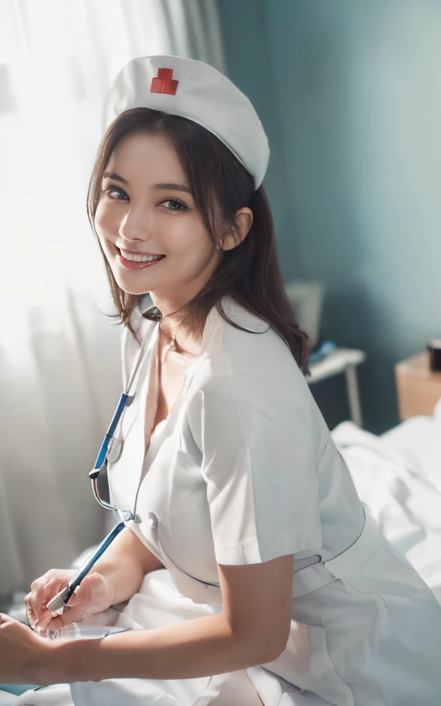 ((1 nurse,Manteau blanc、Basic Nurse Cap,Full body white,Short White Tight Skirt,Take a picture from next to her,Photo from above near her oblique,Take a photo from above,Close-up Face,Look at me with a smile,Looking at the camera,look at a camera,Sitting on a bed in a hospital room,holding a clipboard,Take photos from up close to her)),((boldly exposed thighs,Colossal tits,hyperdetailed face、Wrap the stethoscope around your neck,二重まぶた、White clean teeth,Brown-eyed,Breasts are big,Emphasis on the chest,Emphasize body lines,Smile affectionately at me、Perfect makeup,Gentle expression、Beautiful lips,shiny lip,Detailed depiction of the background of the hospital room,Perfect litthing、Hyper-Realism、8K for the highest resolution,Award-Winning Works,masutepiece,Natural lighting,natural soft light)),((Looking at the camera,Big smile,White teeth,Perfect smile,A big smile staring at the camera),((high-definition RAW color photography, professional photograpy, extremely delicate and beautiful, Extremely detailed,finely detail, Huge file size,Top image quality,8K,Photos taken with a single-lens reflex camera)),  ((Full body capture)), fullllbody, Legs wide open, Open legs, look to the camera, Eye for detail, Beautiful eyes