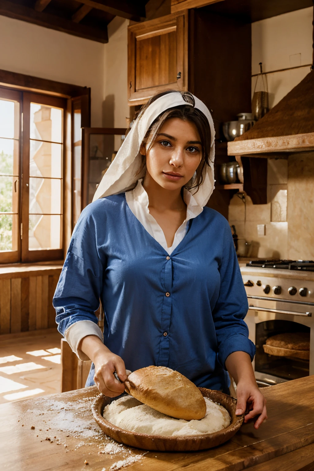 Create very realistic image, woman baking, arab, making bread, High Definition, long hair, blue eyes, inside traditional house of turkey