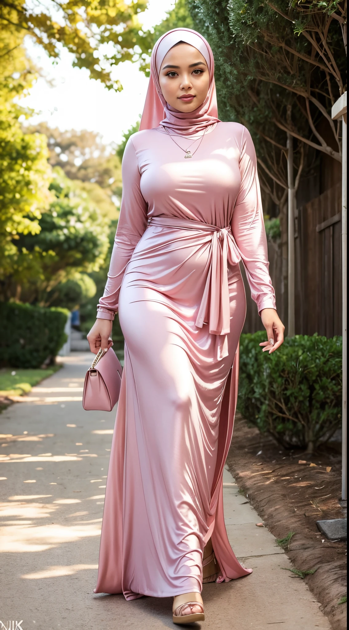 RAW, Best quality, high resolution, masterpiece: 1.3), beautiful Malay woman in hijab,Masterpiece, perfect slim fit body, Huge breast,big gorgeous eyes, Soft smile, woman in pink walking down dirt road, hijab, wearing pink dress, wearing pink dress, beautiful woman, when the sun shines, pastel pink, soft silk dress, actress, women's long dress, peach and goma style, siya oum, thigh thick, big breasts, stylish like a fashion show , (Delicate turtleneck) , necklace, shairband, afternoon walk, City garden, Excellent lighting, Bright colors, Clean lines