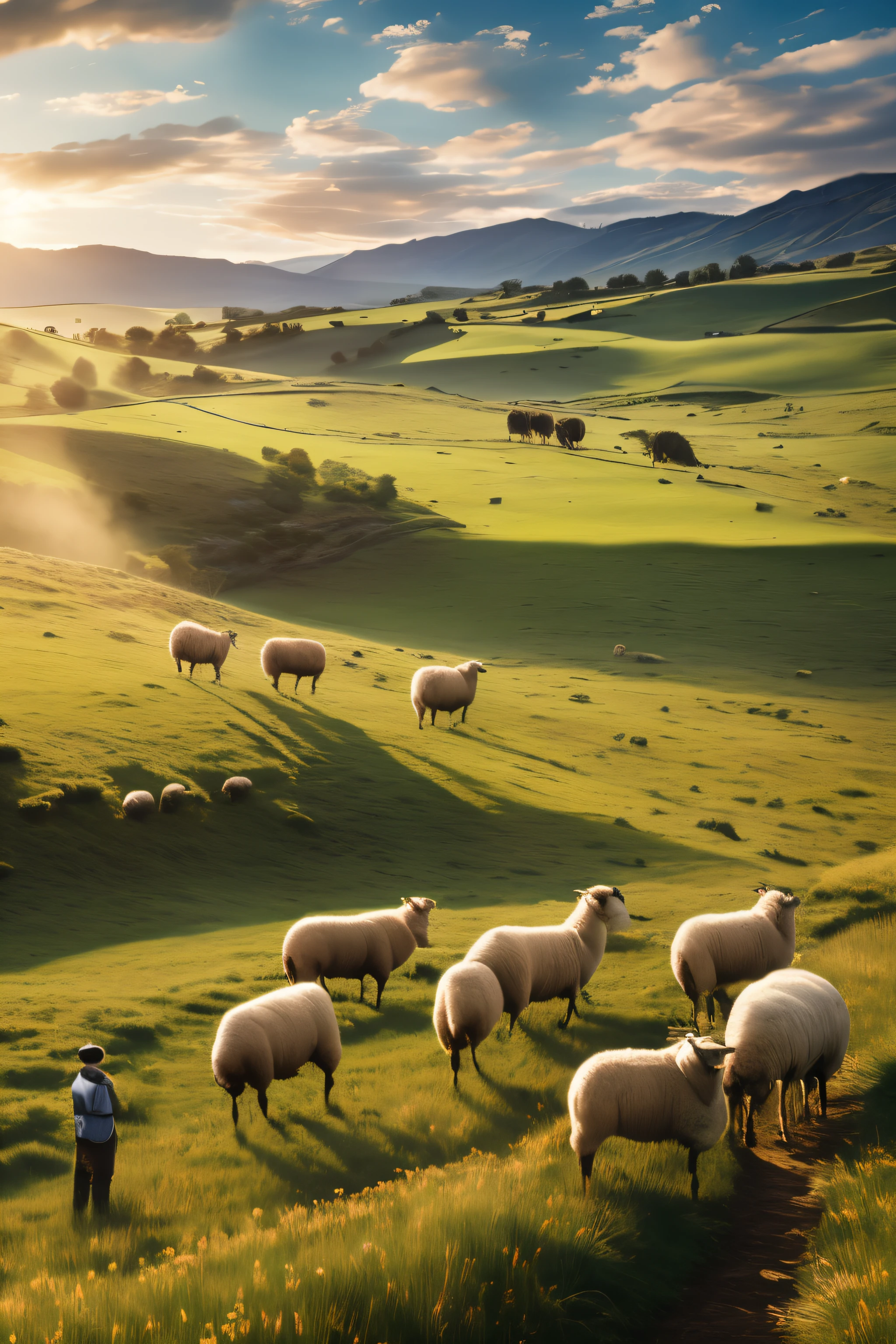 (Best quality at best,4K,A high resolution,tmasterpiece:1.2),ultra - detailed,actual,man herding sheep on grass, pecora, peasant, lavoura, fleece, Shepherd standing next to sheep, Vast prairie countryside in landscape format poster, Focus sharp