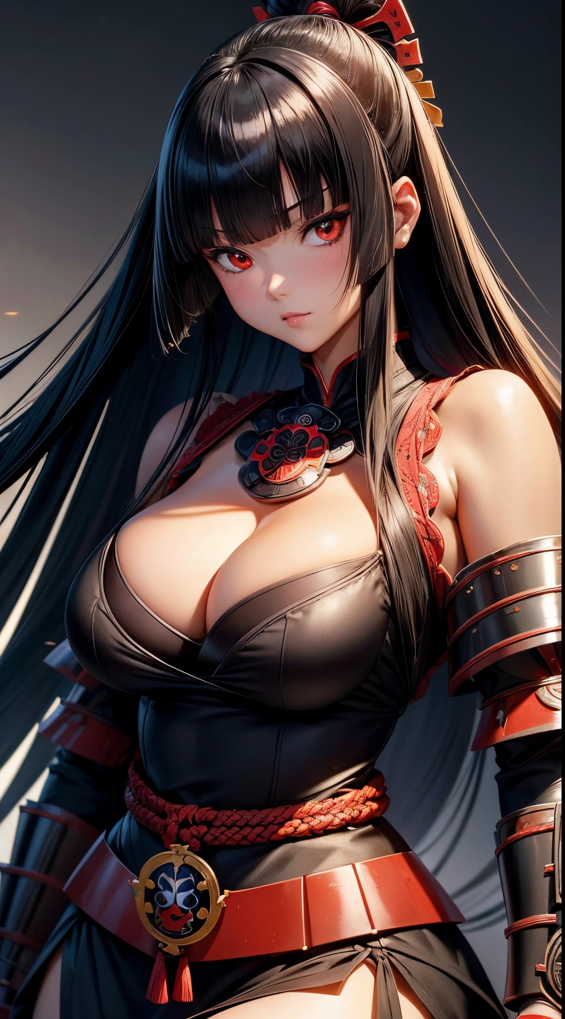 ((Best Quality)), ((masutepiece)), (Detailed), Perfect face A detailed face younggirl cleavage of the breast red eyes long, thick black hair Blunt bangs Solid background color is standing wear samurai armor